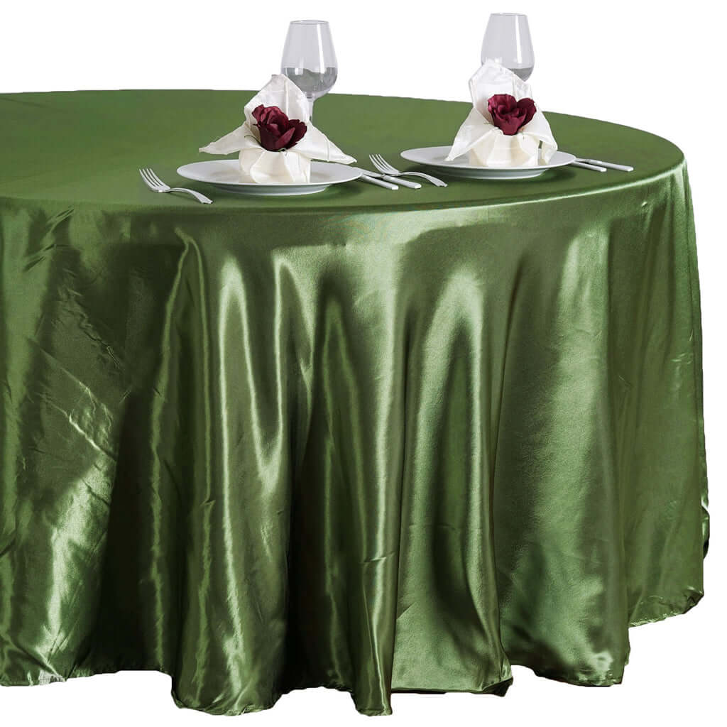 Olive Green Satin 108" Round Tablecloth - Lustrous & Wrinkle-Resistant