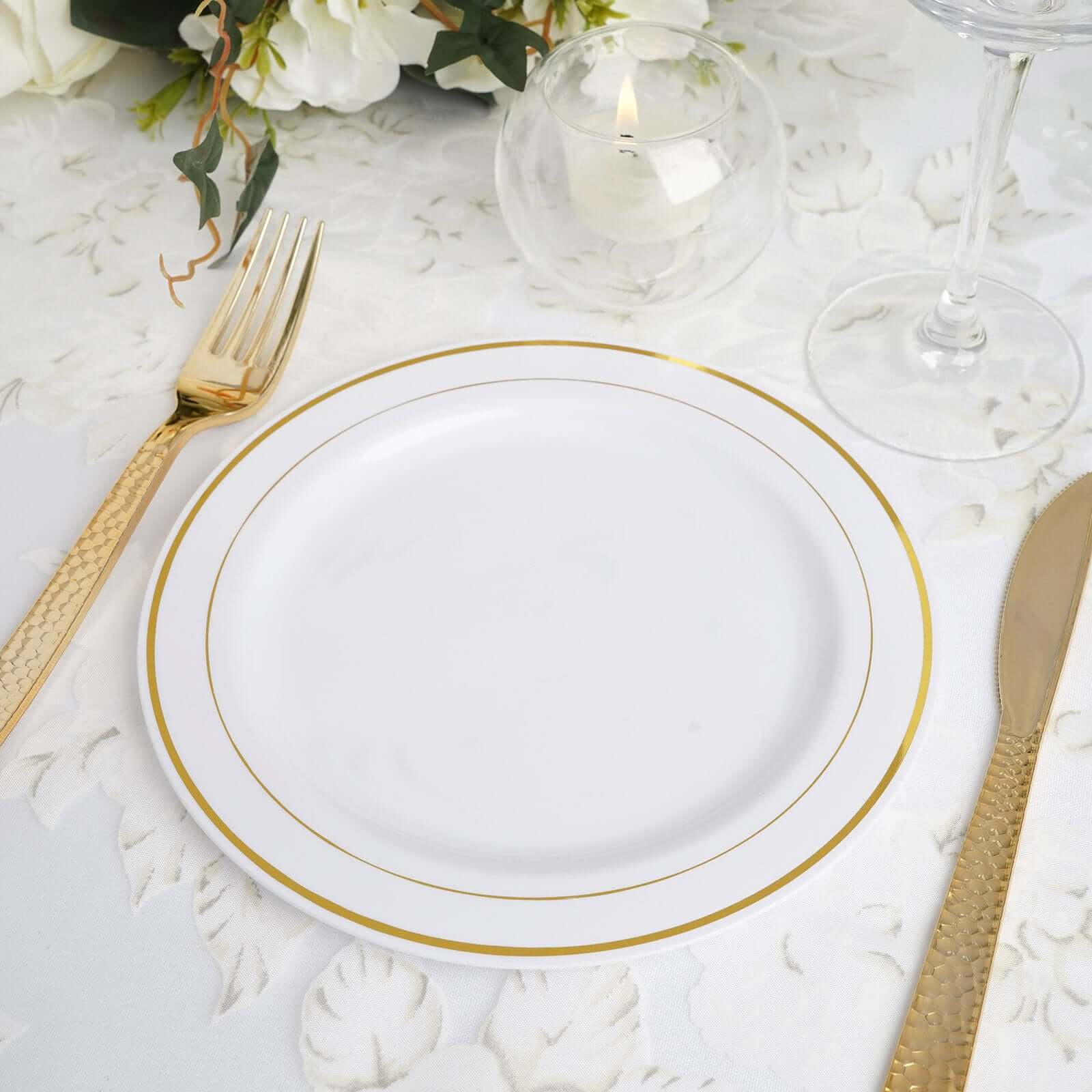 Hot Deal! 10-Pack 8" Disposable White Plastic Dessert Plates with Gold Rim for Parties