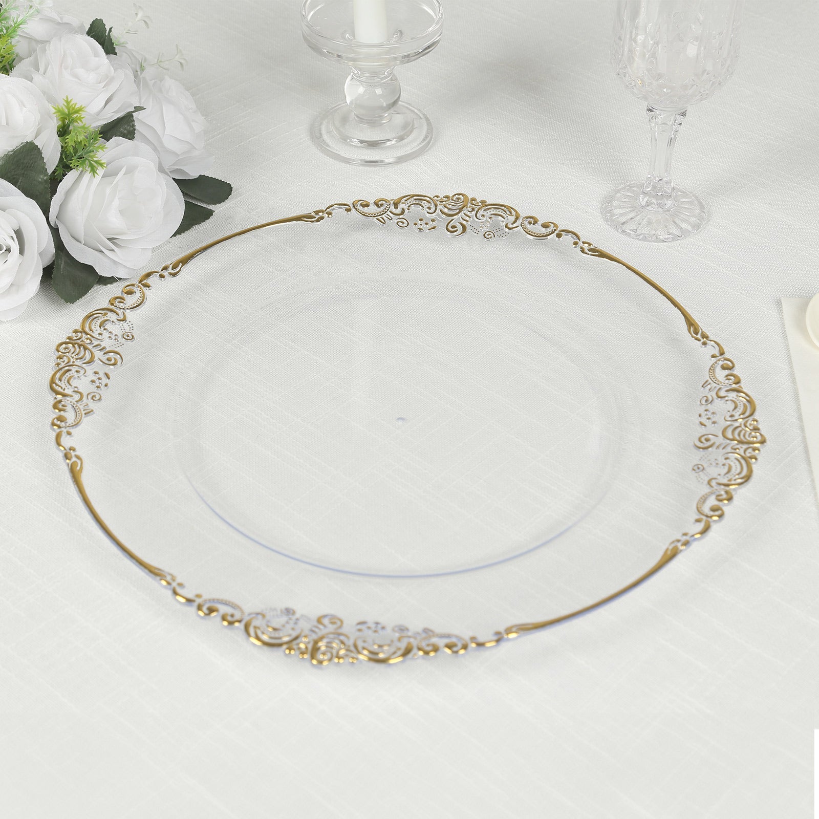 20-Pack Clear Plastic Round Charger Plates with Gold Embossed Baroque Rim - Ideal for Dinner Parties