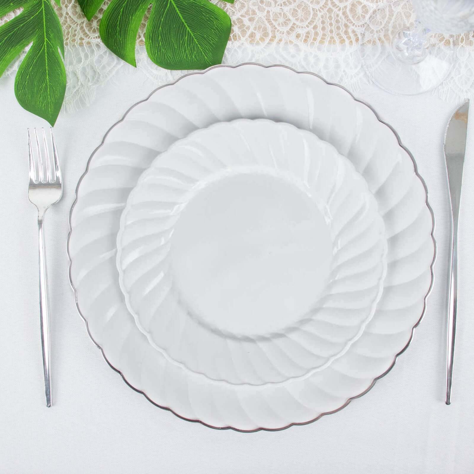 12-Piece Set of Sturdy White Plastic Dessert Plates with Flair Rim, 7.5 Inches