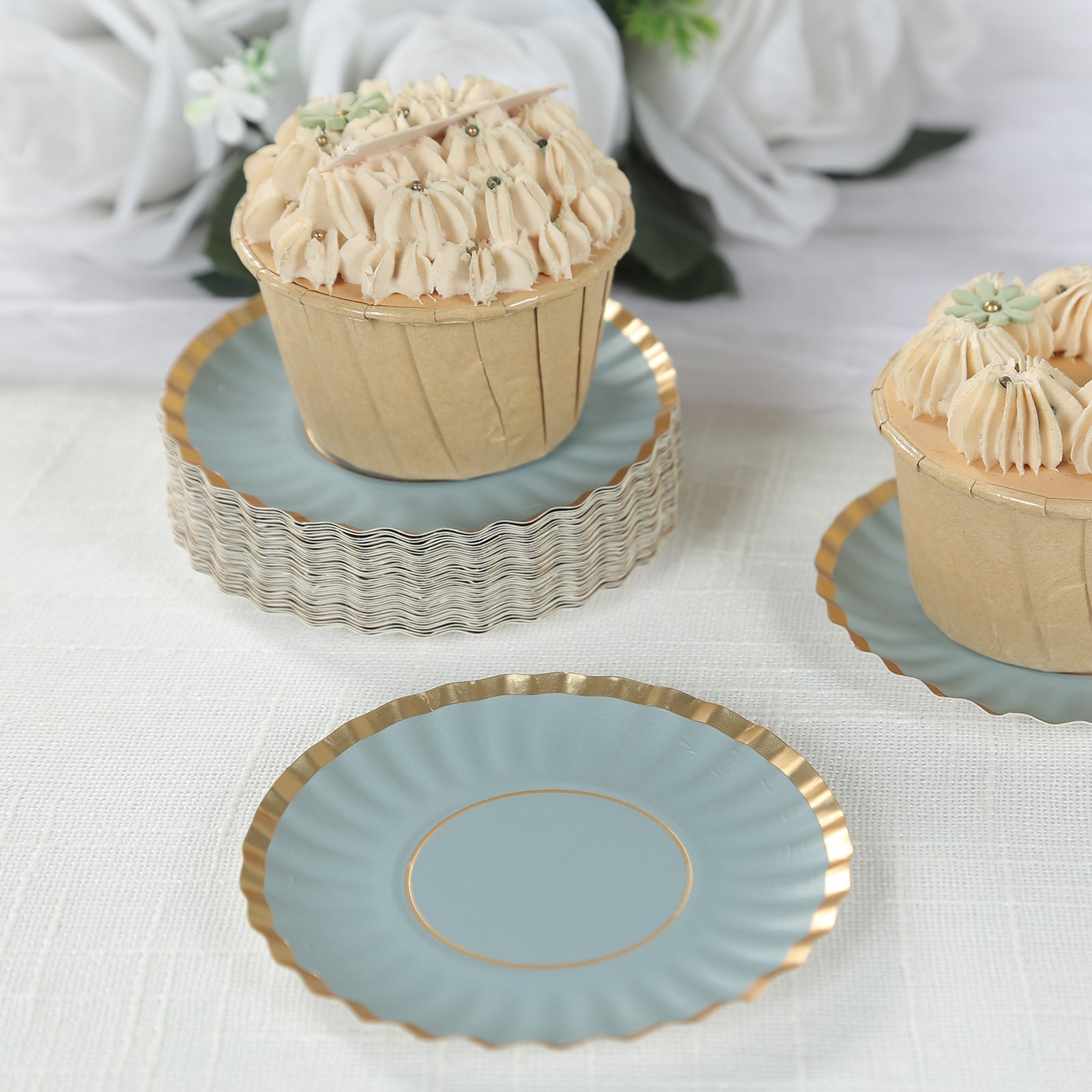 50-Piece Set of 3.5-Inch Disposable Dusty Blue Paper Dessert Plates with Gold Scalloped Edges
