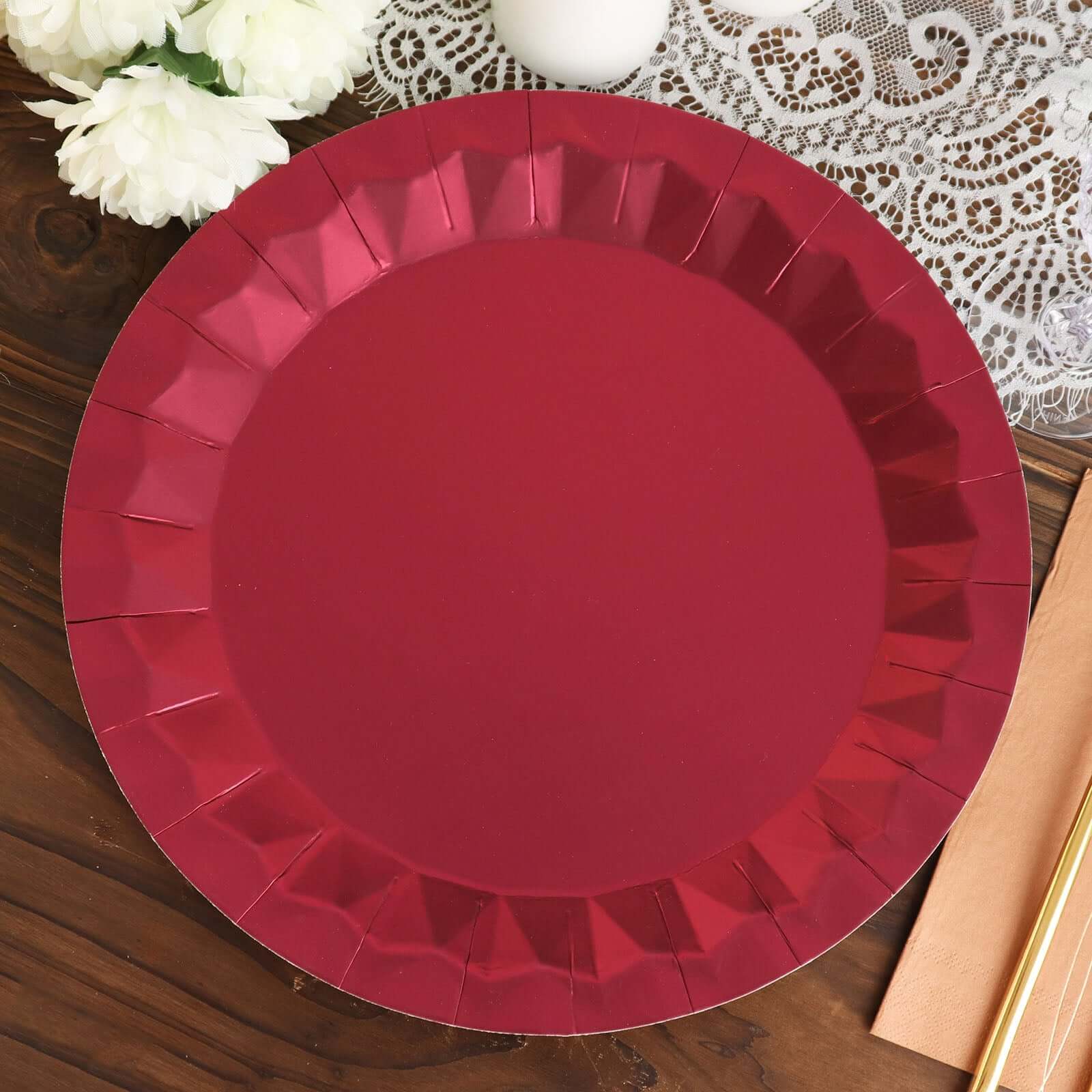 25-Pack Disposable Burgundy Paper Charger Plates with Geometric Design - 12