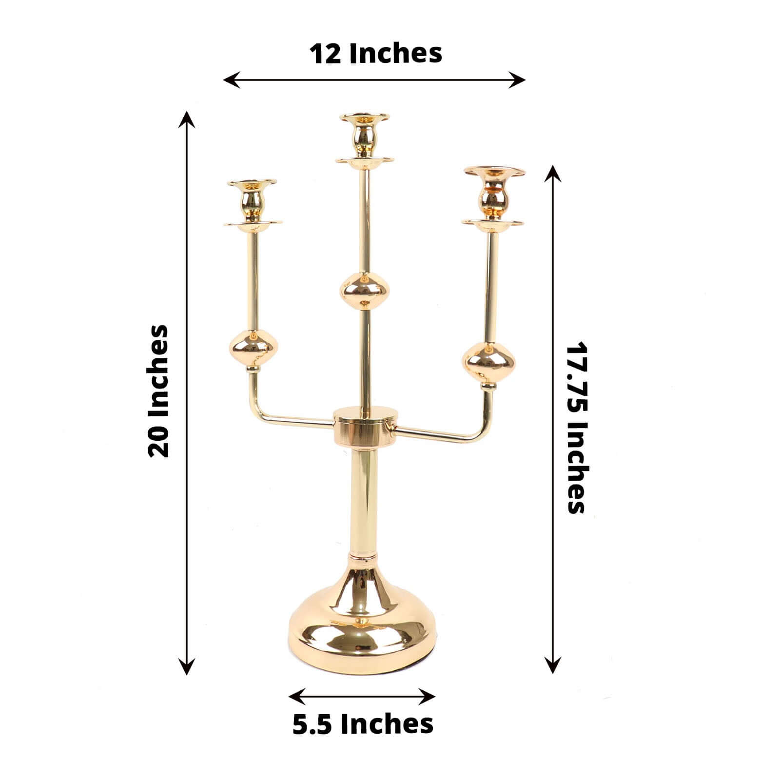 Gold Metal 3-Arm Taper Candelabra Candle Holder Stand - Ideal Wedding Centerpiece