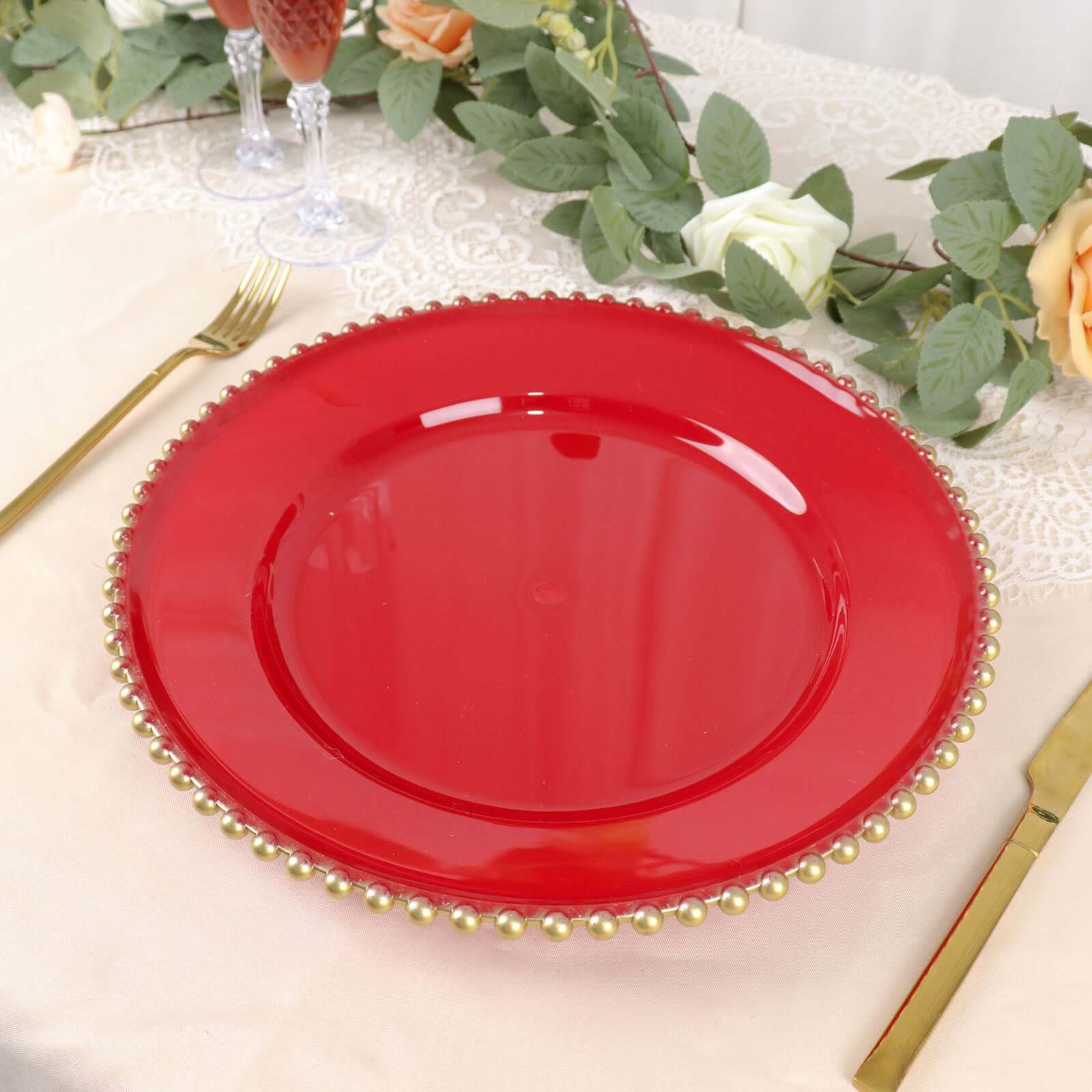 Hot Sale! 6-Piece Set of 13-Inch Red Acrylic Round Charger Plates with Gold Beaded Rims for Dinner Parties