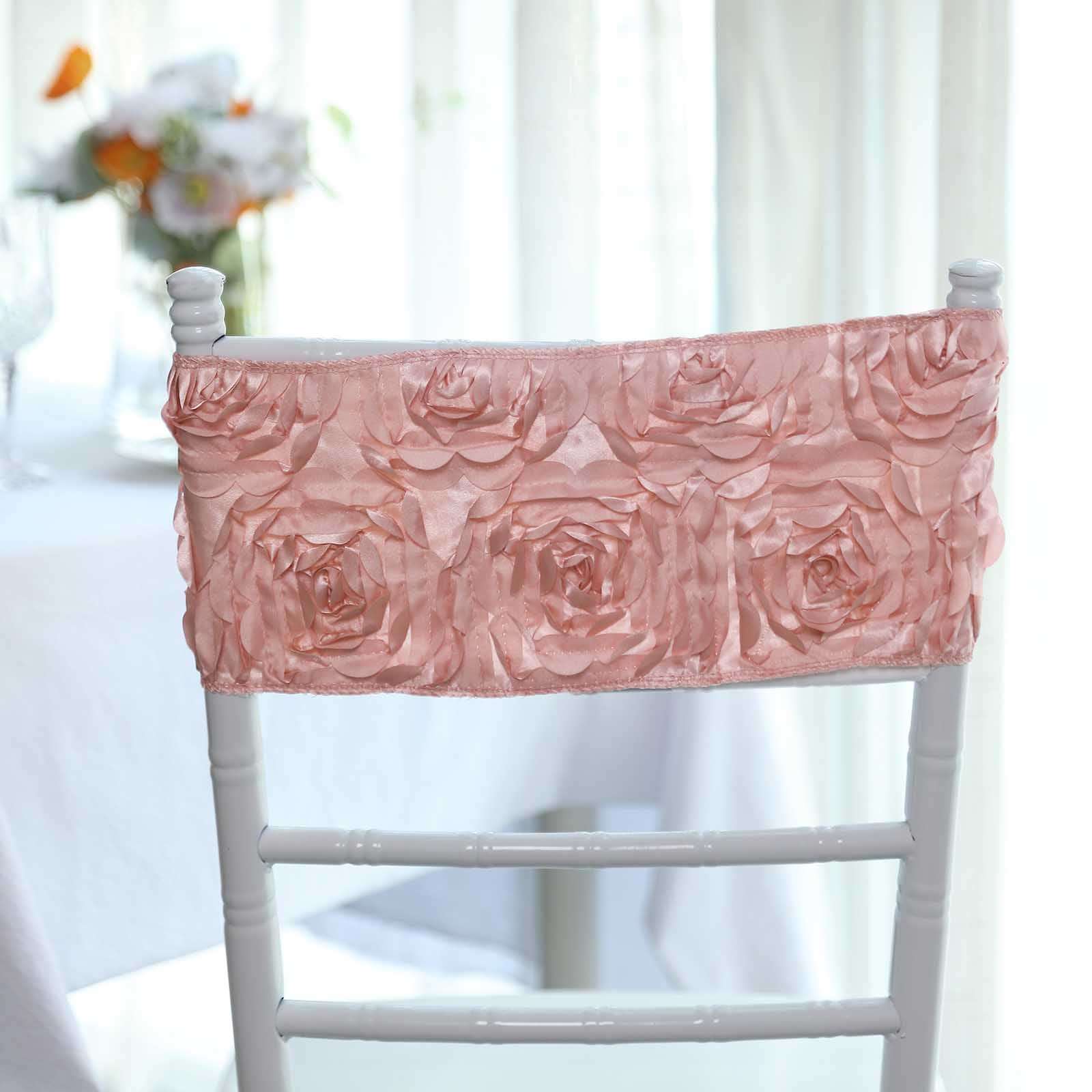 Hot Deal! 5-Piece Set of Dusty Rose Satin Spandex Chair Sashes with Rosette Design, 6x14
