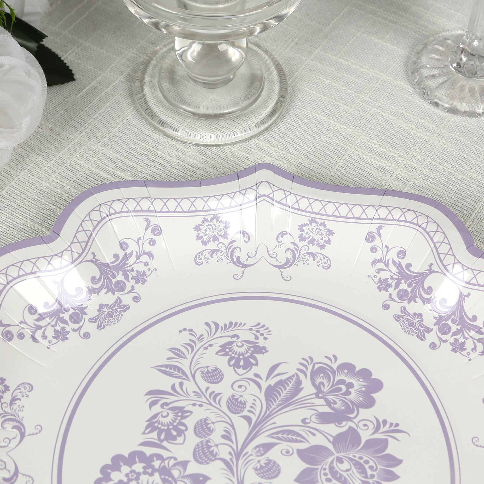 25-Piece Set of White and Lavender Lilac Damask Floral Disposable Paper Dinner Plates, 10-Inch