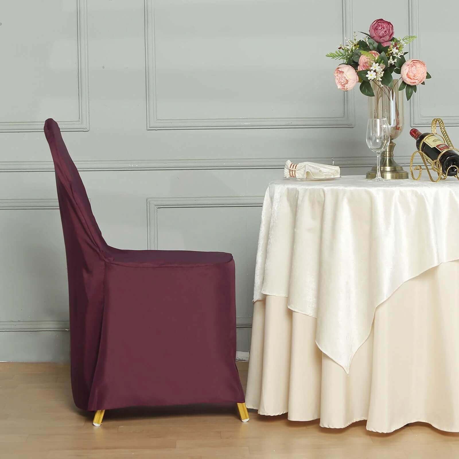 10-Pack Burgundy Polyester Chair Covers for Banquet Chairs - Stain-Resistant & Reusable