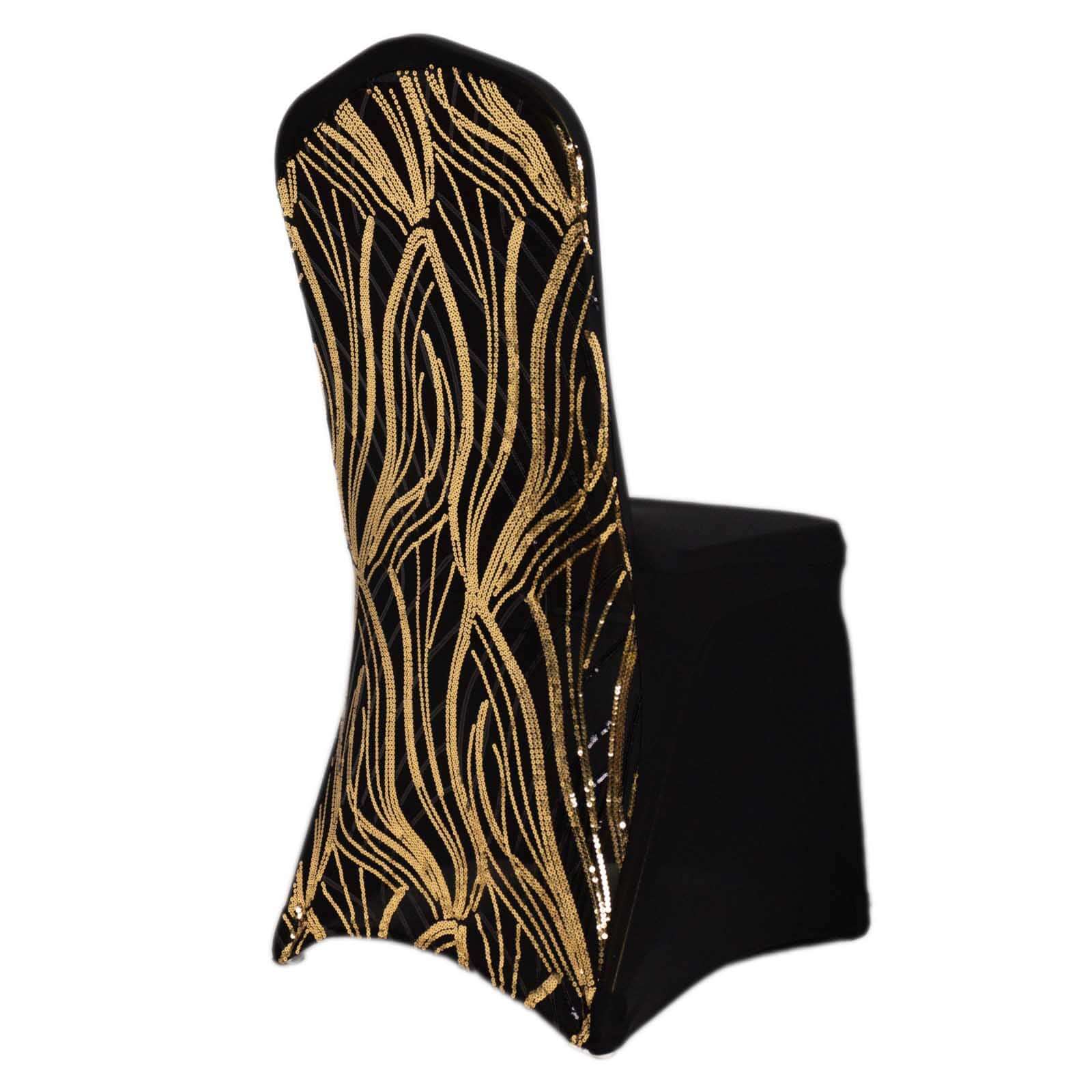 Sparkling Black/Gold Spandex Banquet Chair Cover with Wave Embroidered Sequins - Fitted Stretch Slipcover