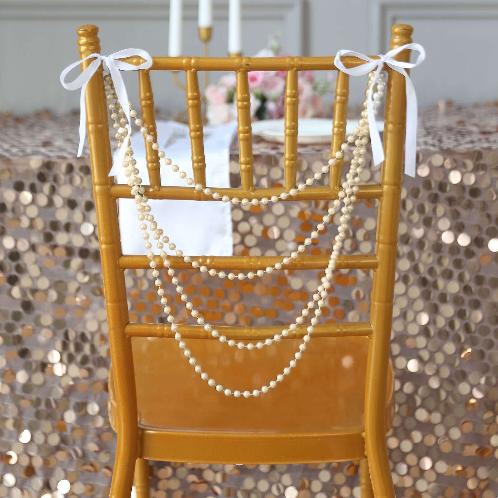 Ivory Faux Pearl Beaded 16-Foot Chair Back Garland Sash - Pre-Tied Gatsby Style for Chiavari Chairs