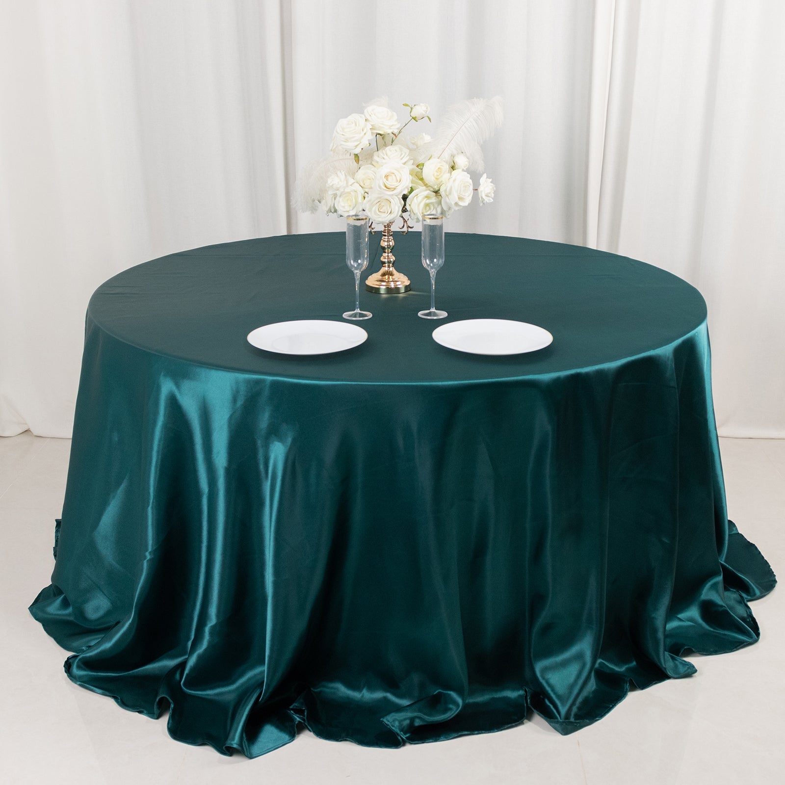 Stylish Seamless 132-Inch Round Satin Tablecloth in Peacock Teal