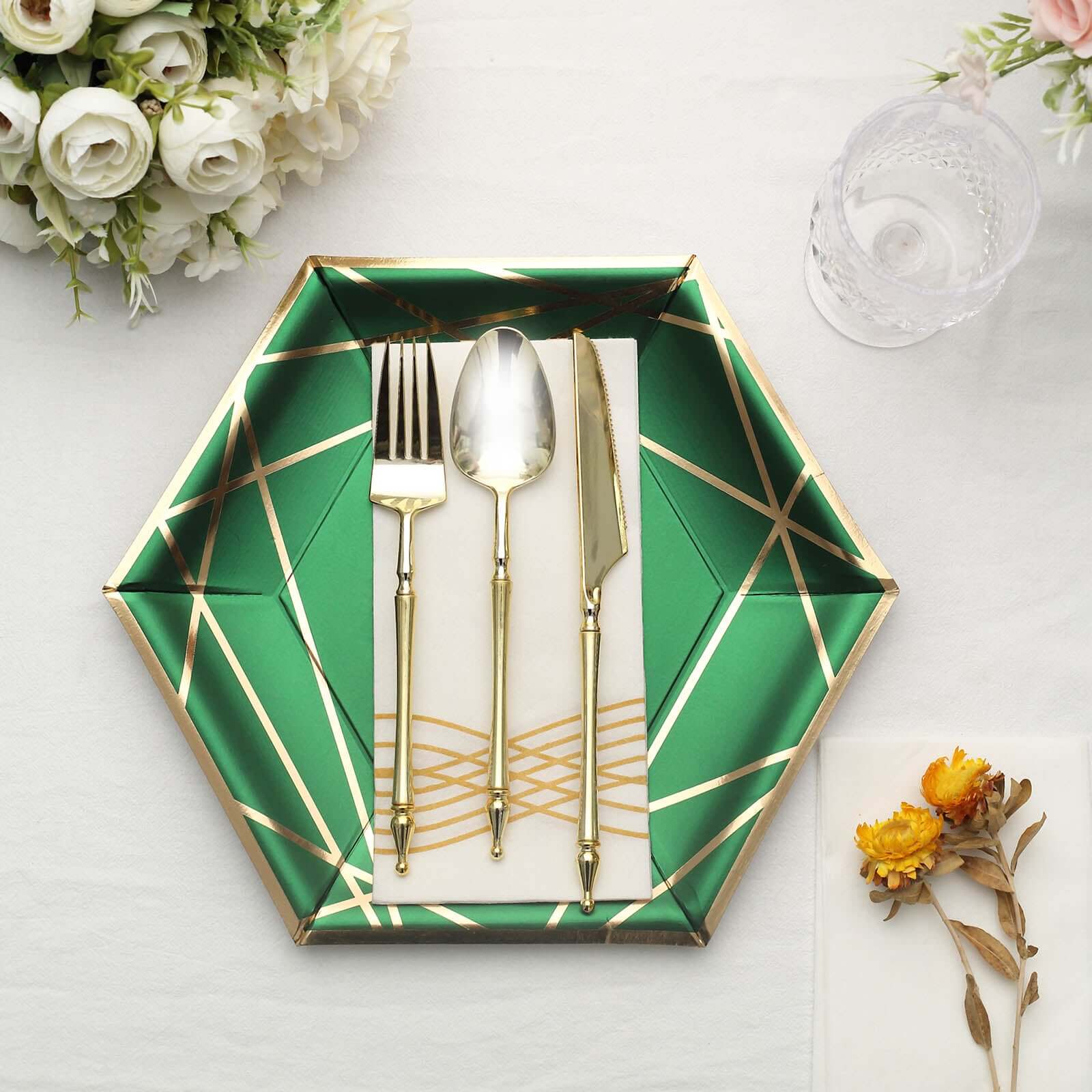 25-Piece Set of Hunter Emerald Green Paper Hexagon Dinner Plates with Gold Geometric Rim