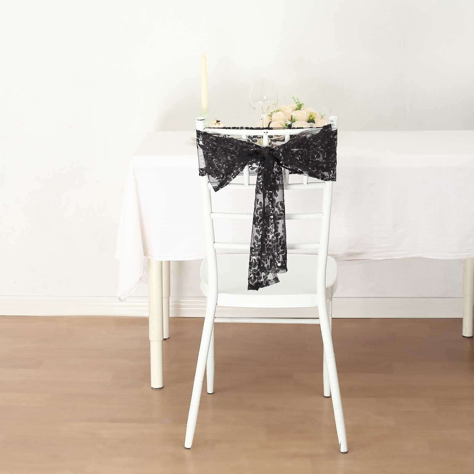 5-Pack Black Tulle Chair Sashes with Leaf Vine Embroidered Sequins - Ideal for Special Events