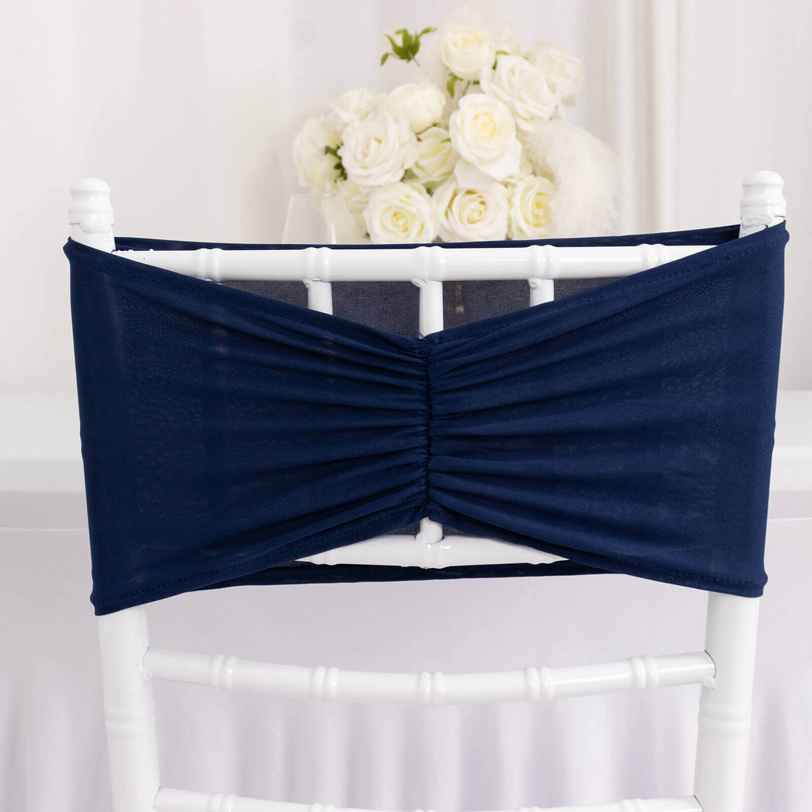 Navy Blue Ruffled Spandex Chair Sashes - 5 Pack, 8x13 Wide Stretch Bands