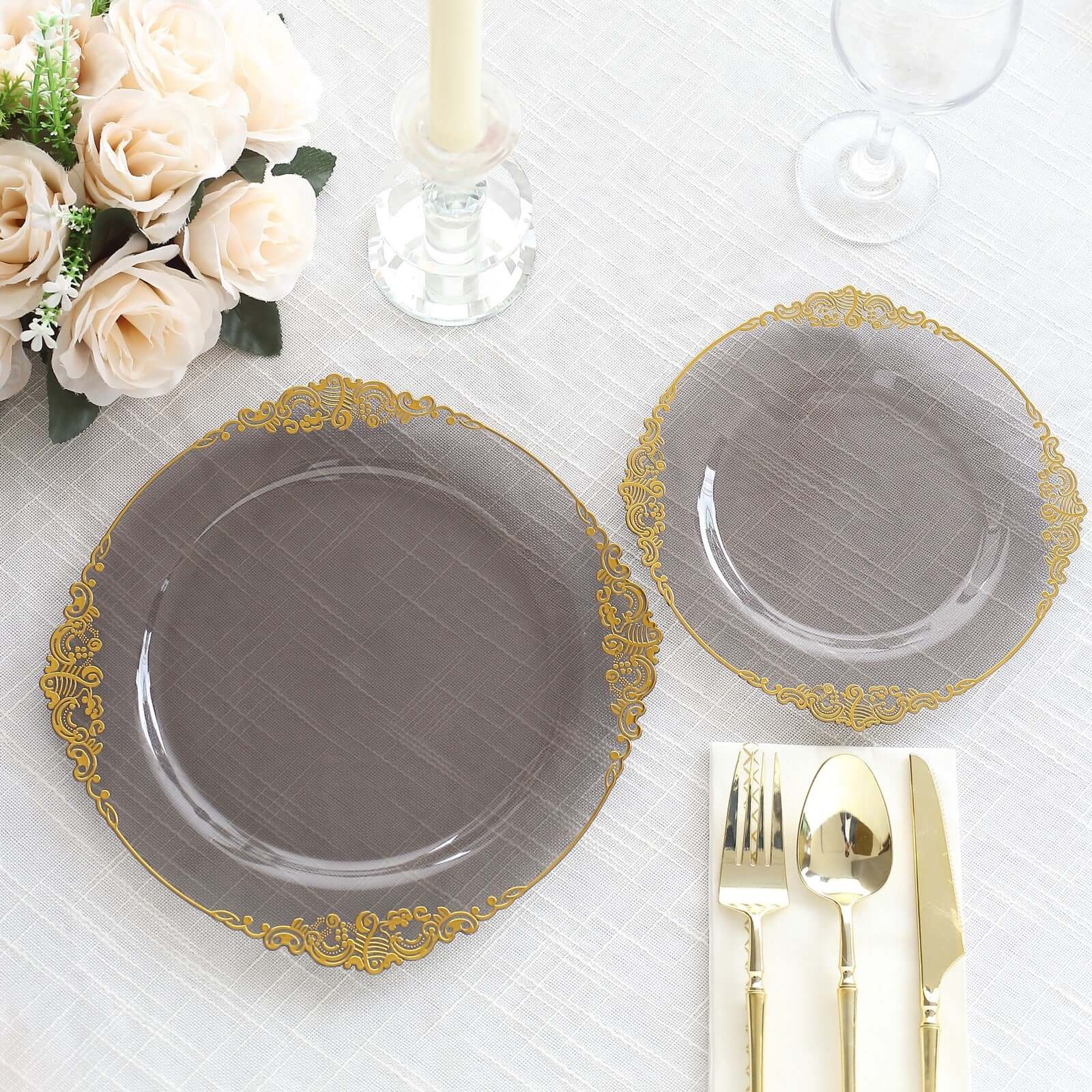10-Pack Disposable Vintage Baroque Plastic Round Dinner Plates - Transparent Black with Gold Leaf Embossed Rim