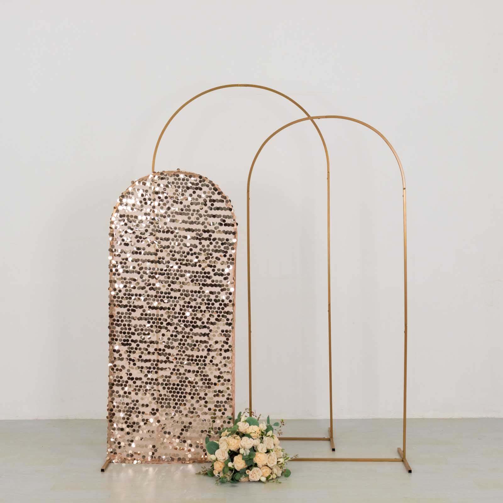 5ft Sparkly Rose Gold Payette Sequin Fitted Cover for Round - Top Wedding Arch Stand