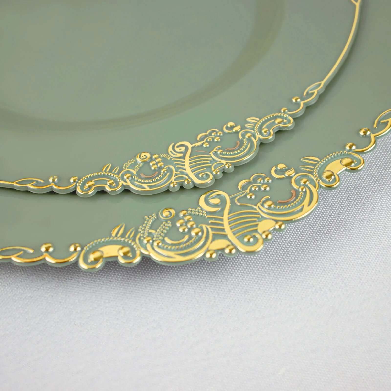 10-Pack Disposable Round Plastic Dinner Plates in Dusty Sage Green with Gold Leaf Embossed Rim - Vintage Baroque Style