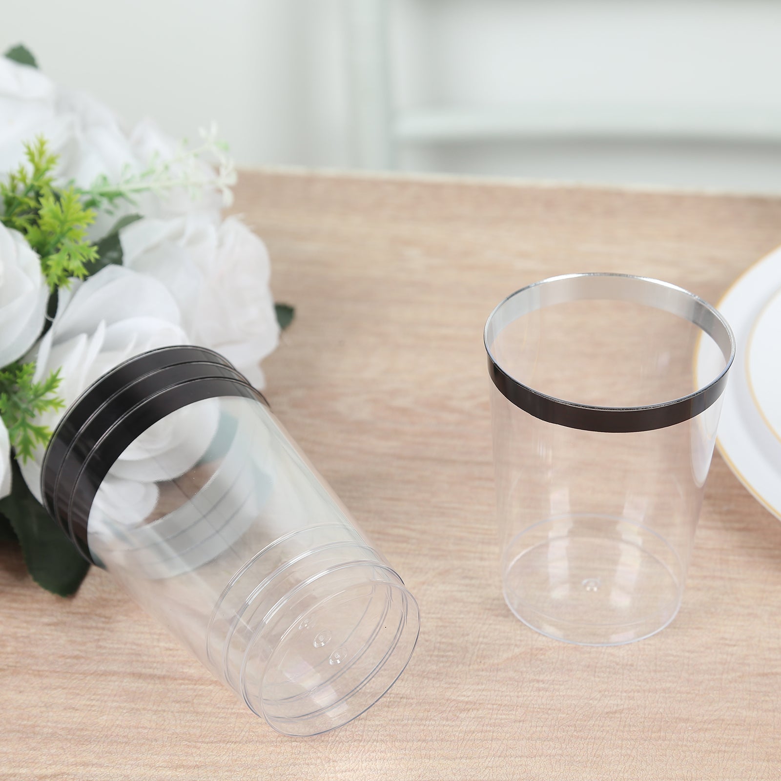 25-Piece Set of Clear Plastic Tumbler Cups with Stylish Black Rim - 10oz Disposable Party Glasses