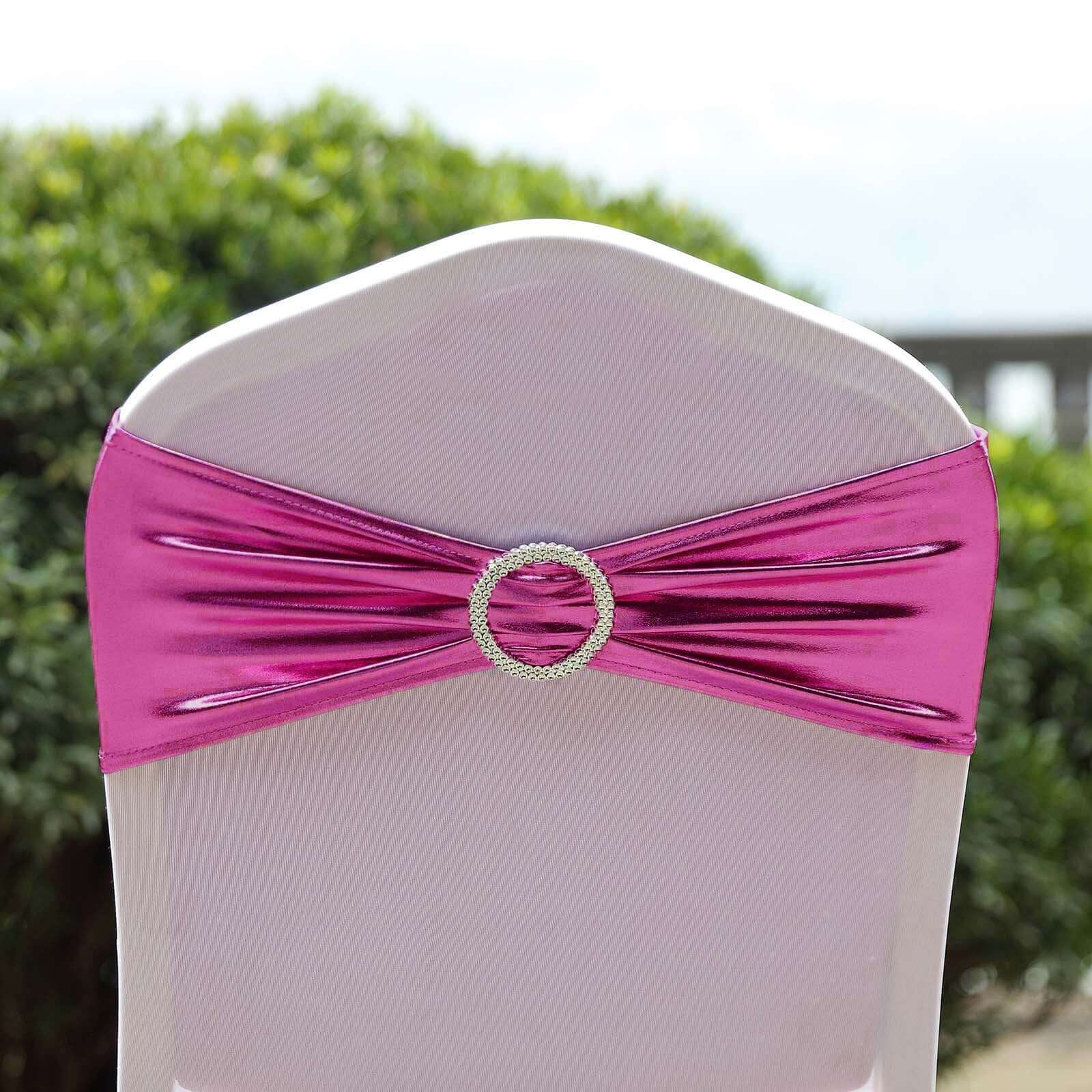 Hot Deal! 5-Piece Set of Fuchsia Metallic Spandex Chair Sashes with Round Diamond Plastic Buckles