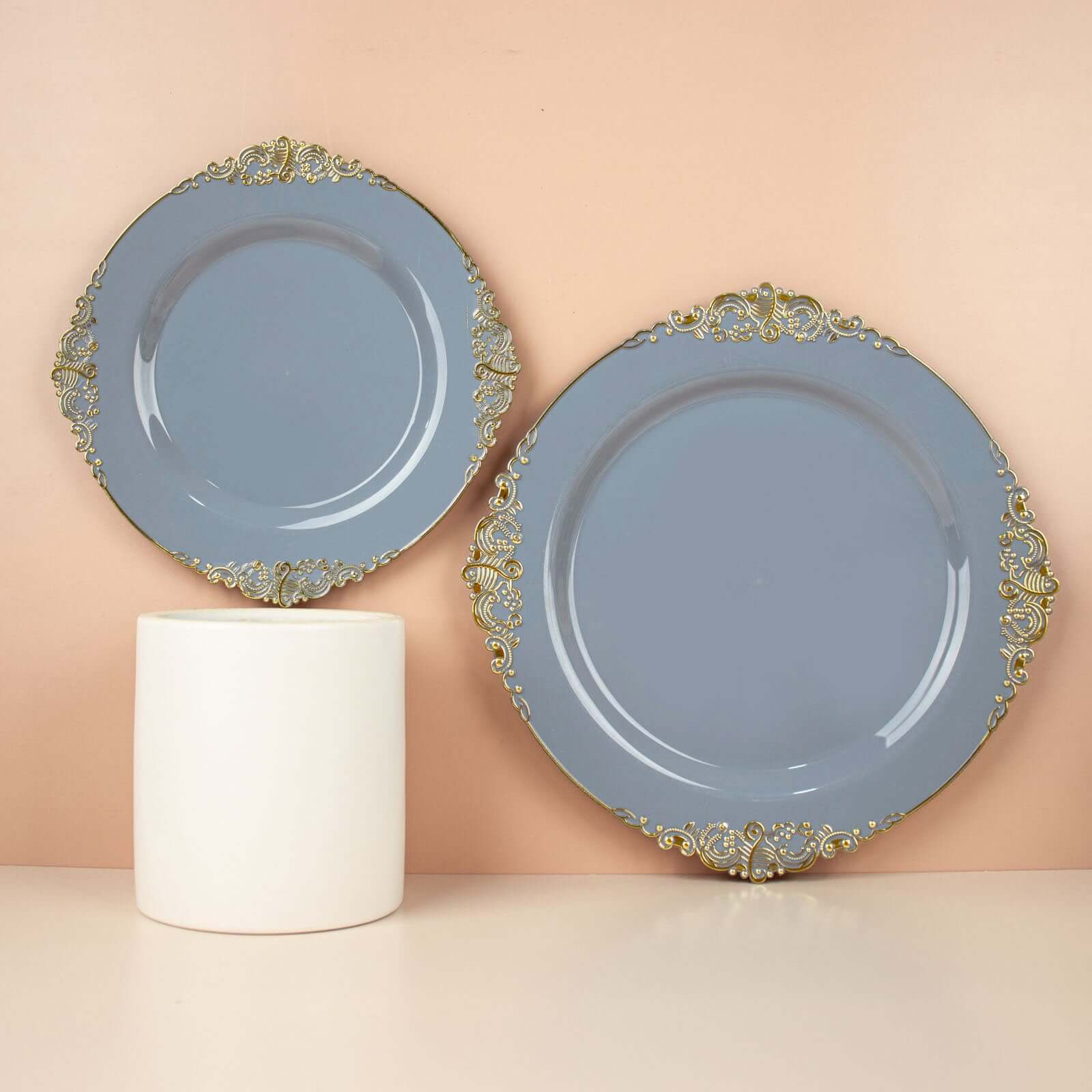 10-Pack Disposable Vintage Baroque Round Dinner Plates in Dusty Blue with Gold Leaf Rim - Great Value!