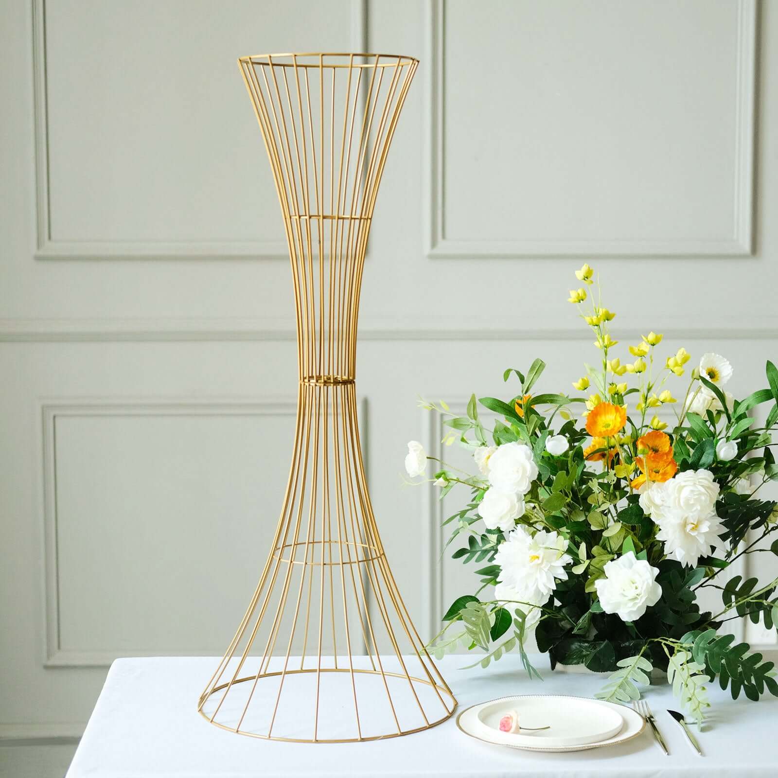 36-Inch Tall Gold Metal Hourglass Flower Stand - Ideal for Centerpieces