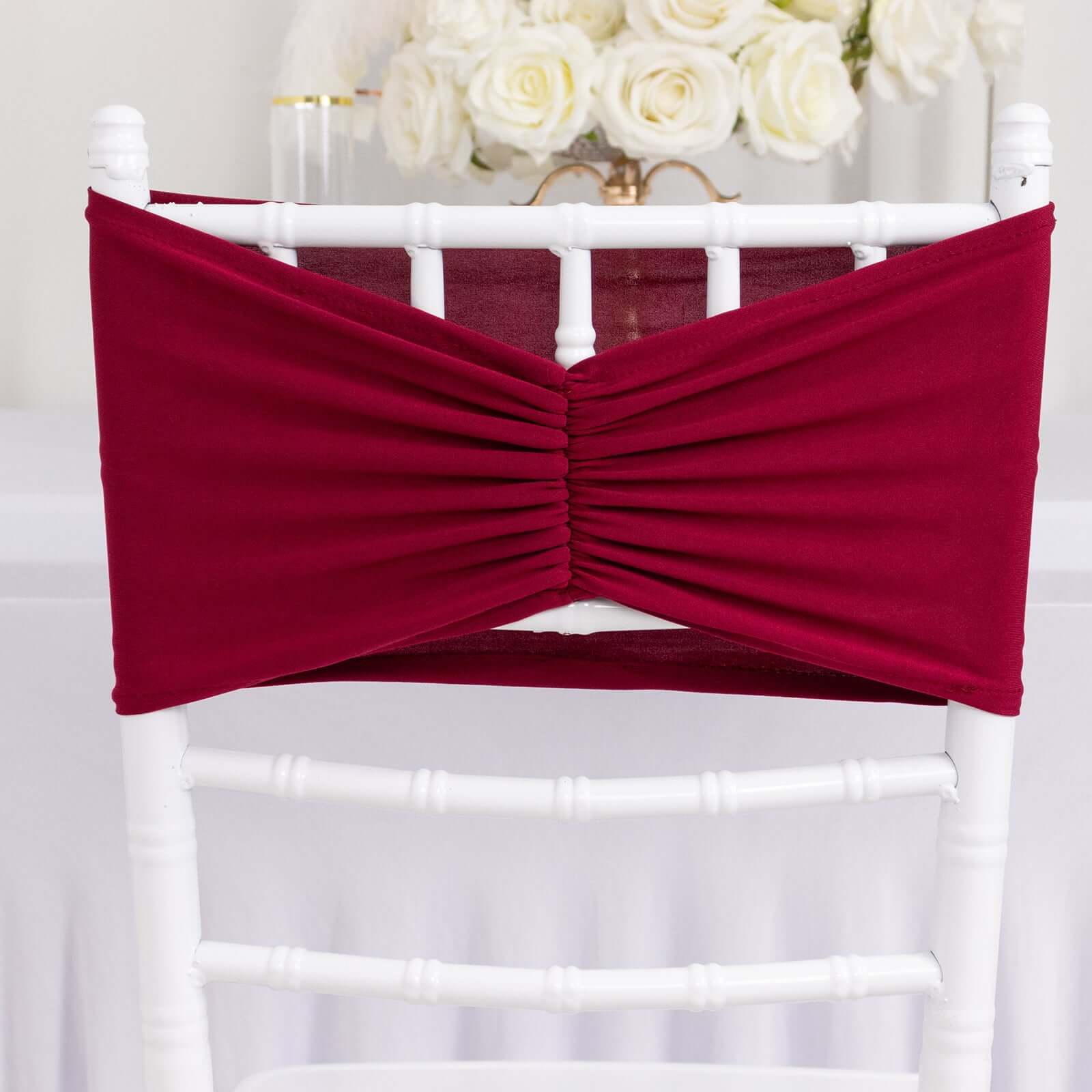 5-Piece Burgundy Ruffled Spandex Chair Sashes - Wide, Easy-to-Use Stretch Bands for Chairs