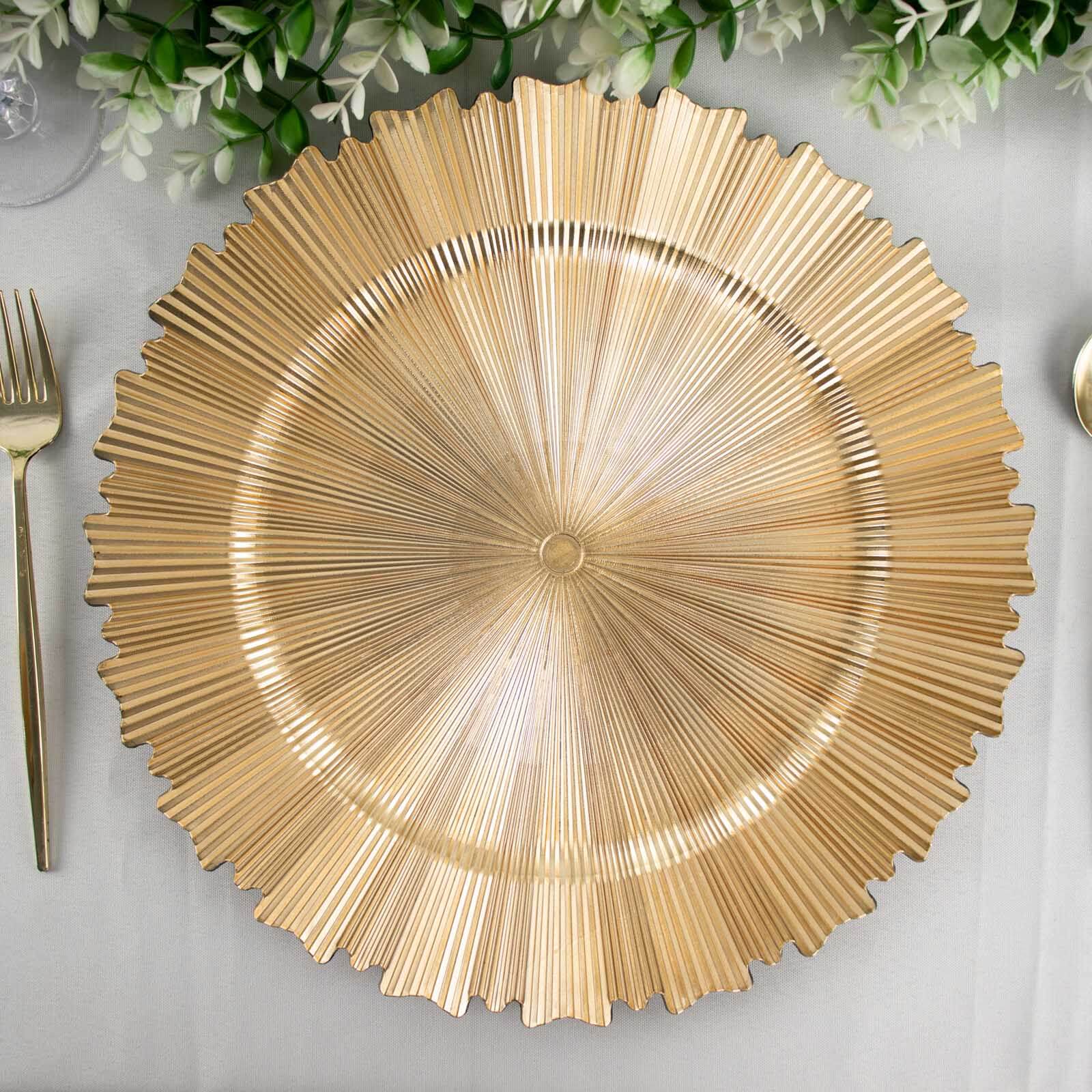 Set of 6 Metallic Gold 13-inch Acrylic Plastic Round Charger Plates with Sunray Scalloped Rim