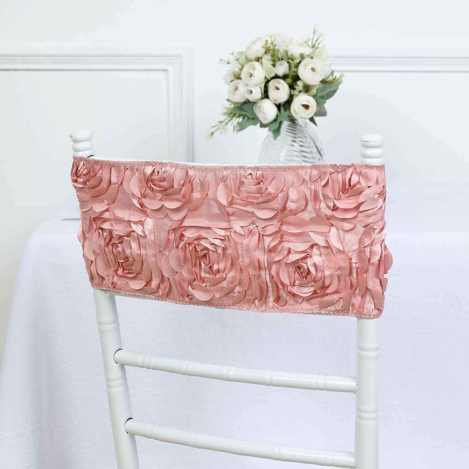 Hot Deal! 5-Piece Set of Dusty Rose Satin Spandex Chair Sashes with Rosette Design, 6x14