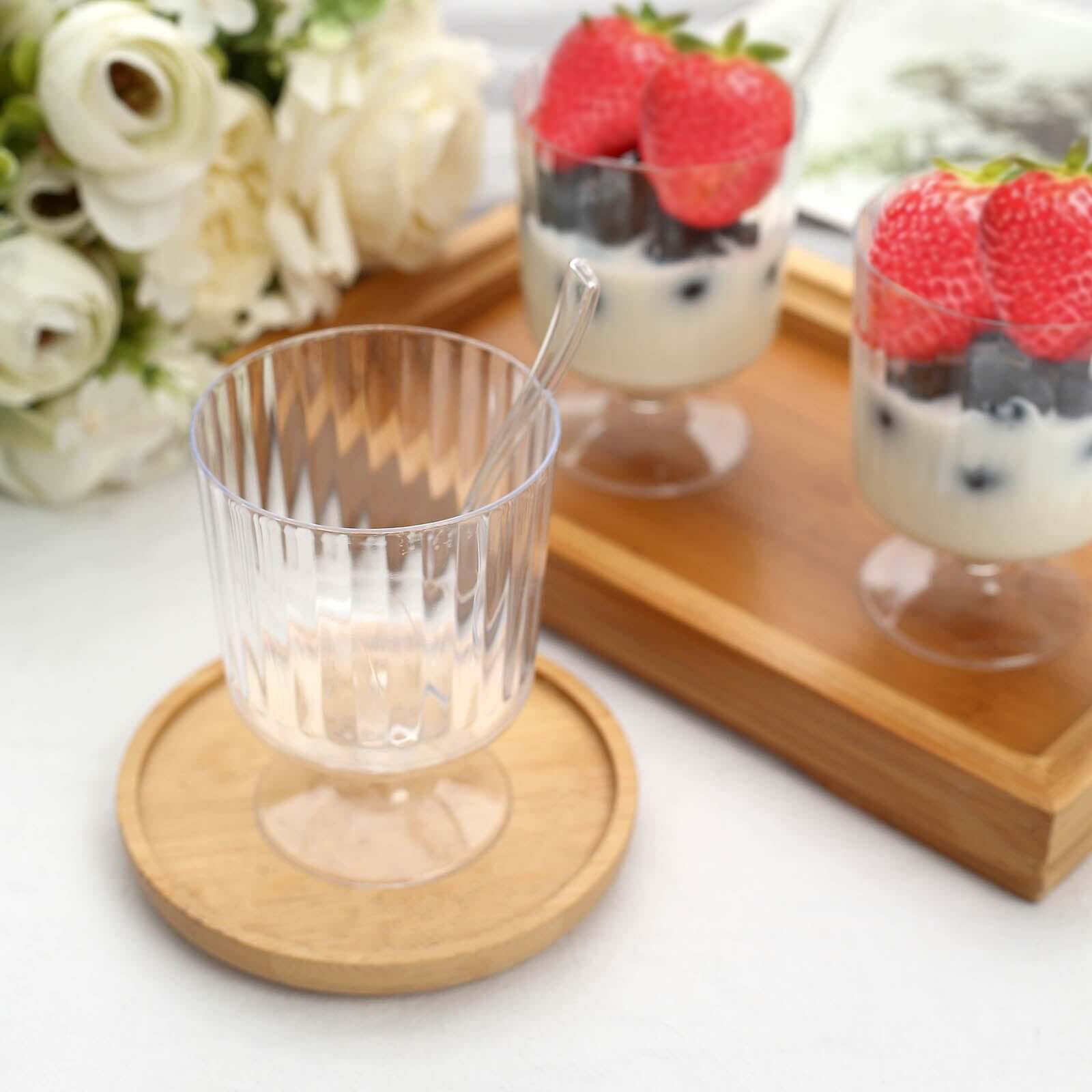 24-Pack Disposable 5oz Clear Plastic Dessert Cups with Ribbed Design and Pedestals, Spoon Set for Events