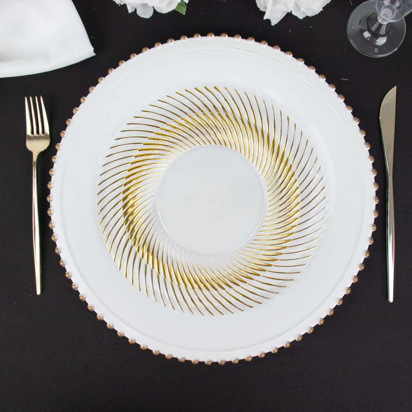 10-Pack Disposable White Plastic Round Dessert Plates with Gold Swirl Rim for Elegant Events