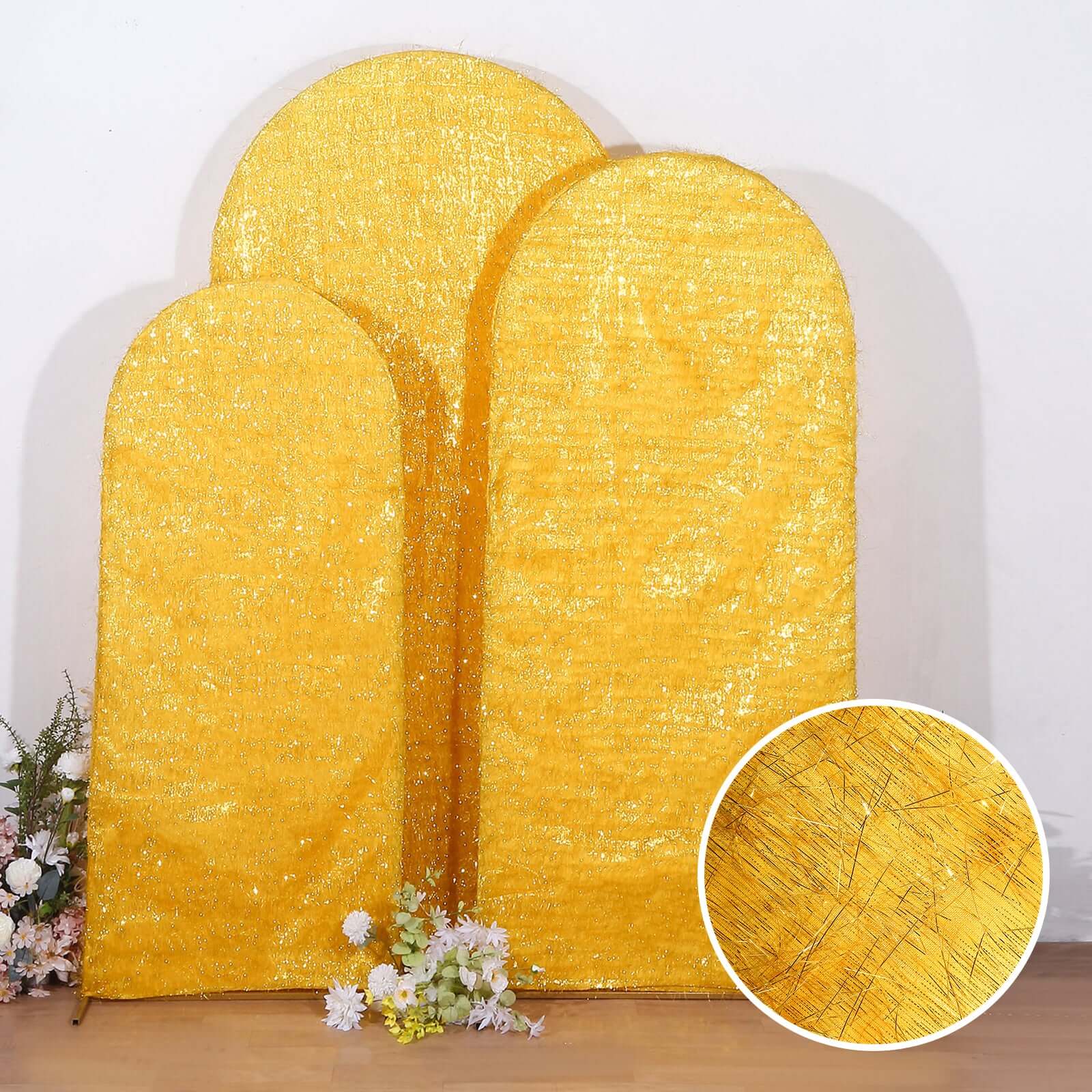 Hot Sale! Set of 3 Gold Metallic Fringe Covers for Chiara Round Top Wedding Arch Backdrop Stands (5ft, 6ft, 7ft)