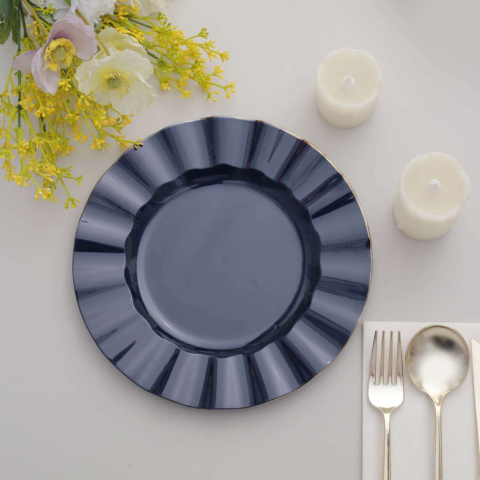 10-Piece Set of Navy Blue Plastic Round Dinner Plates with Gold Edged Ruffled Rim - Sturdy Disposable Dinnerware