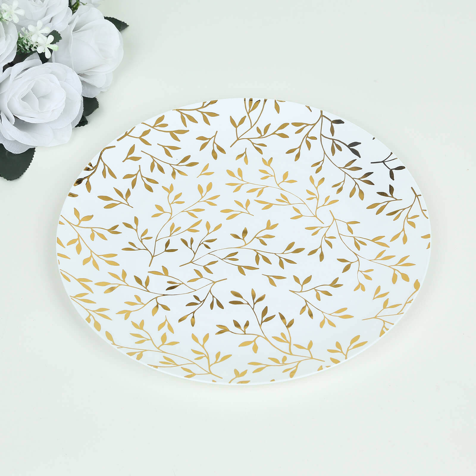10-Pack Heavy Duty Disposable White Plastic Dinner Plates with Gold Leaf Design - Ideal for Stylish Events