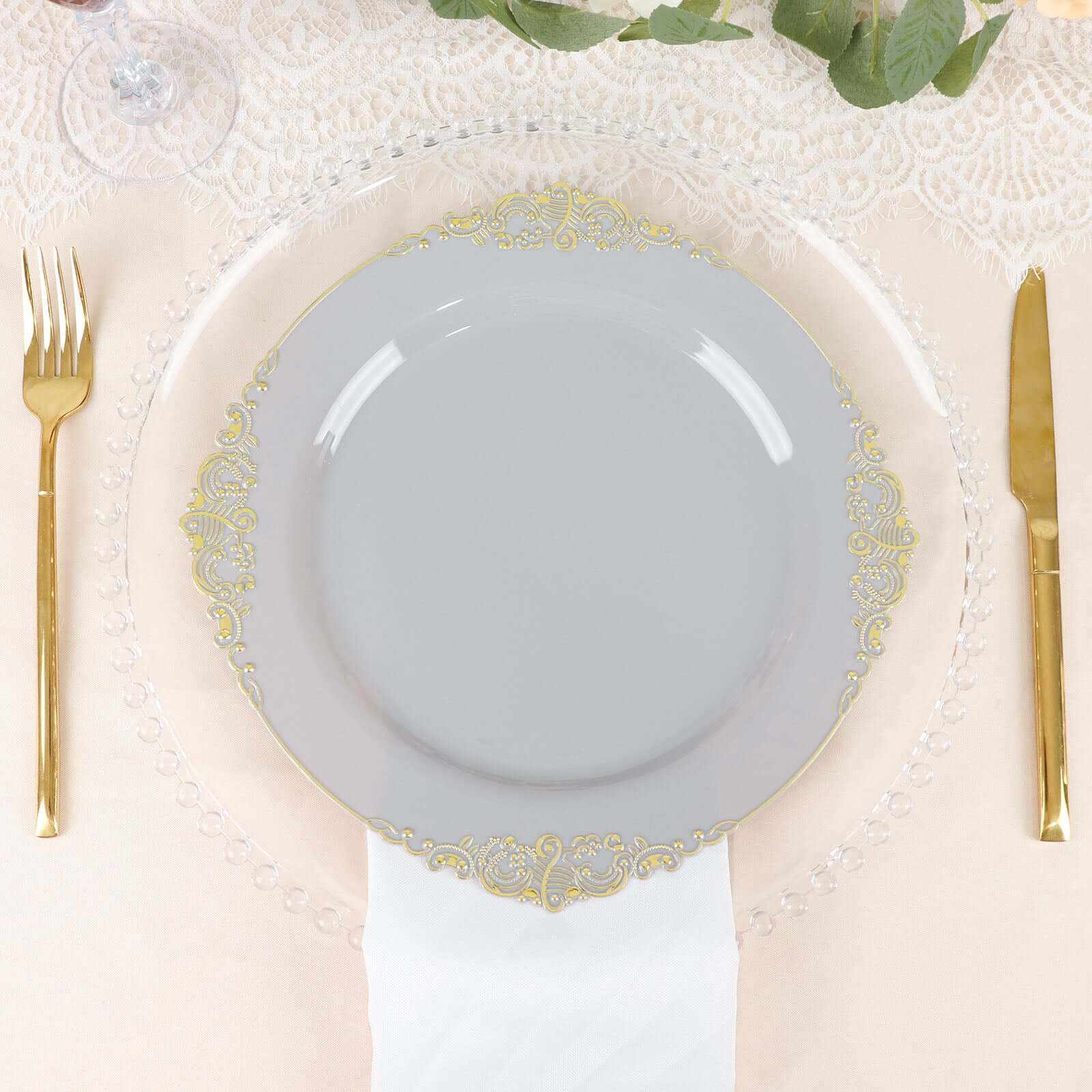 10-Piece Disposable Gray Plastic Round Dinner Plates with Gold Leaf Embossed Rim in Vintage Baroque Style