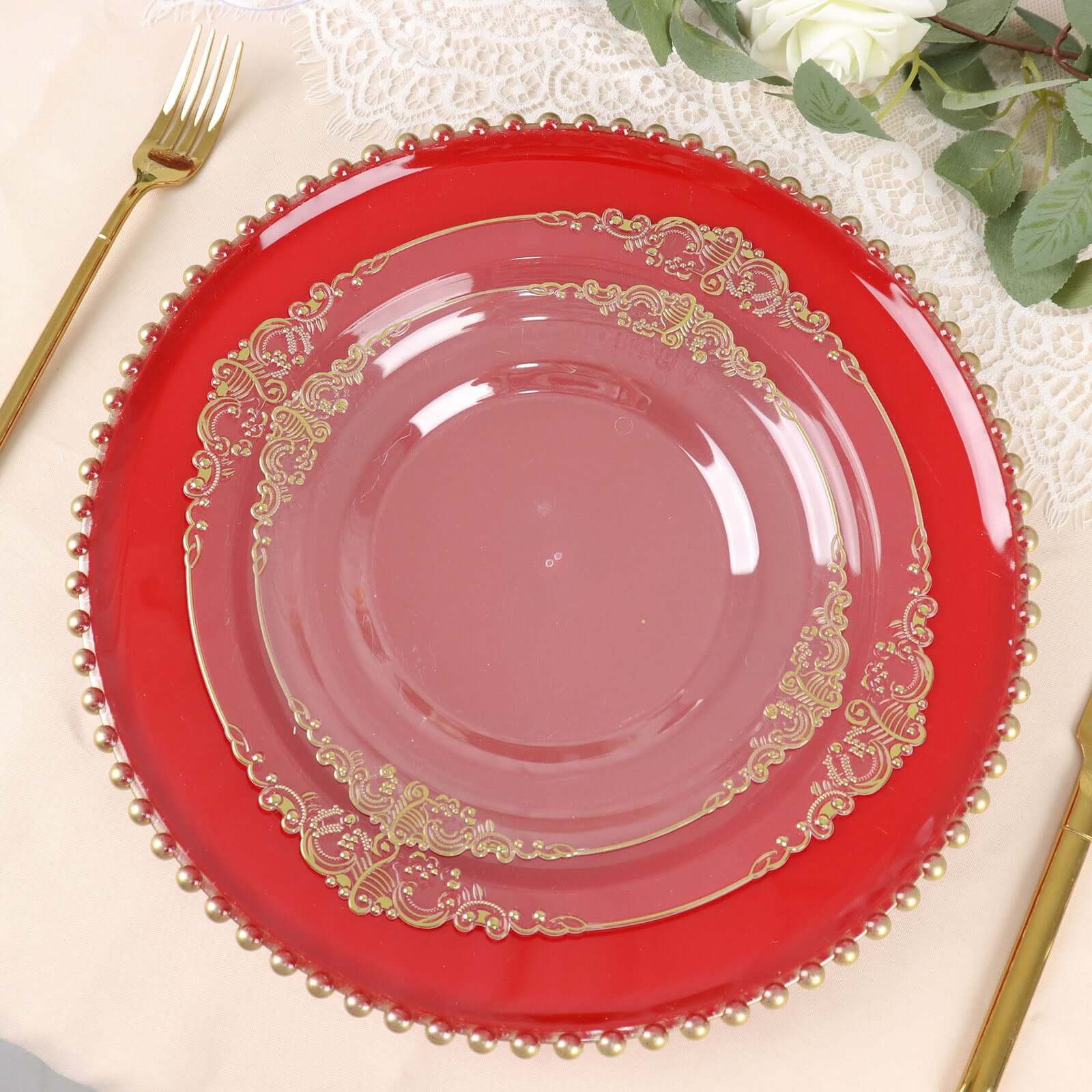 Hot Sale! 6-Piece Set of 13-Inch Red Acrylic Round Charger Plates with Gold Beaded Rims for Dinner Parties