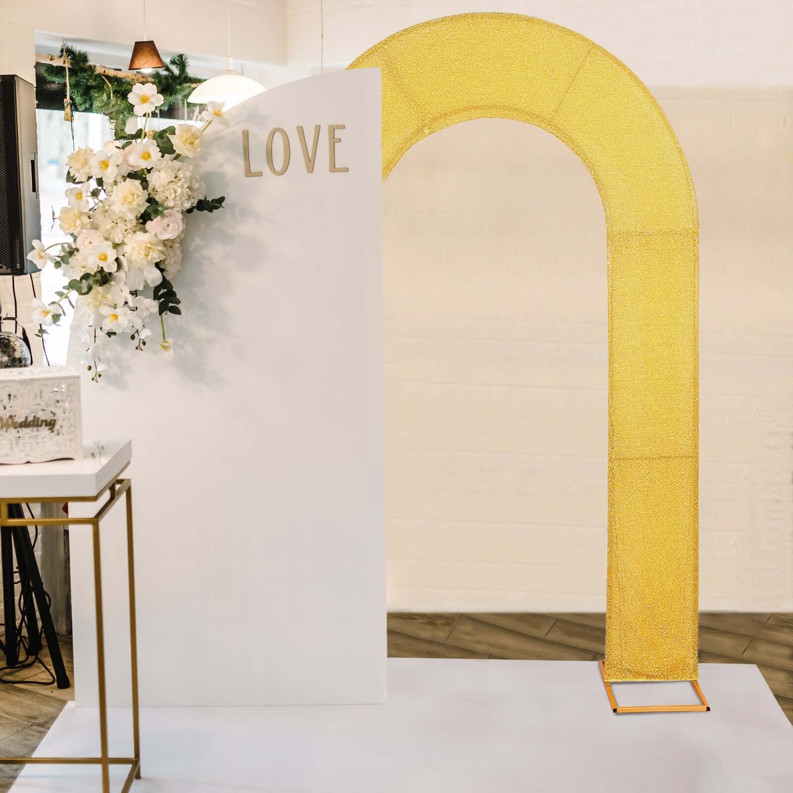 8ft Double-Sided Gold Shimmer Tinsel Spandex U-Shaped Wedding Arch Slipcover