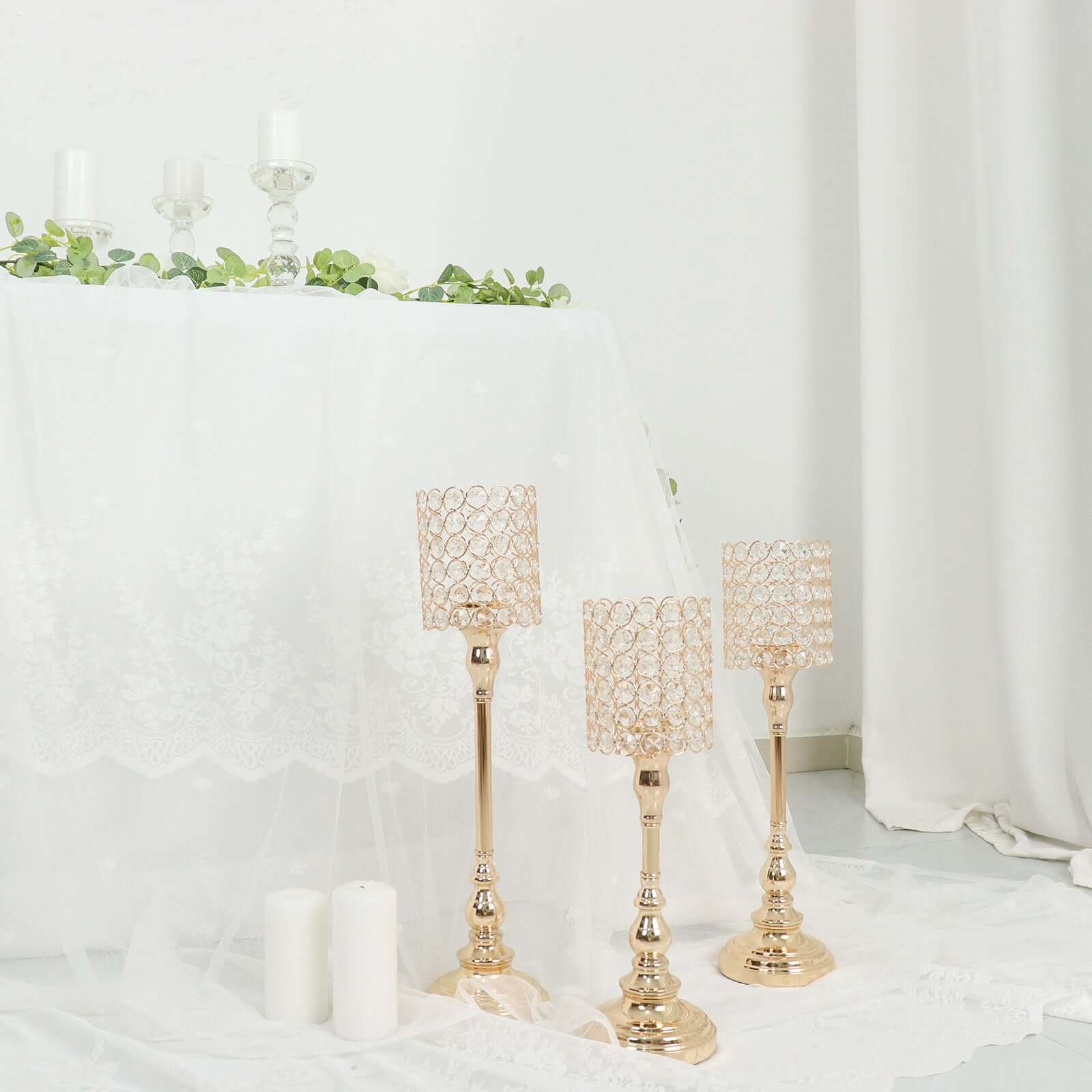 Hot Sale! Set of 3 Gold Crystal Beaded Cylinder Votive Candle Holder Stands for Events