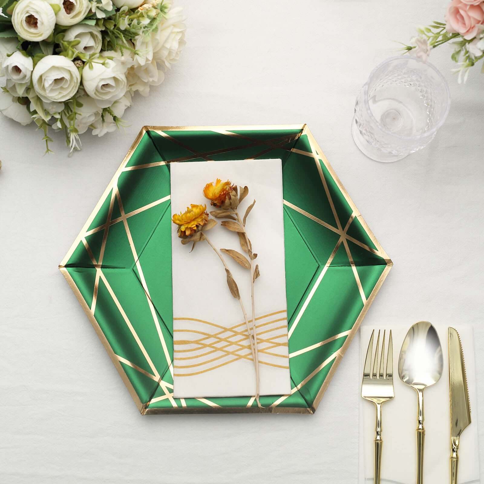 25-Piece Set of Hunter Emerald Green Paper Hexagon Dinner Plates with Gold Geometric Rim