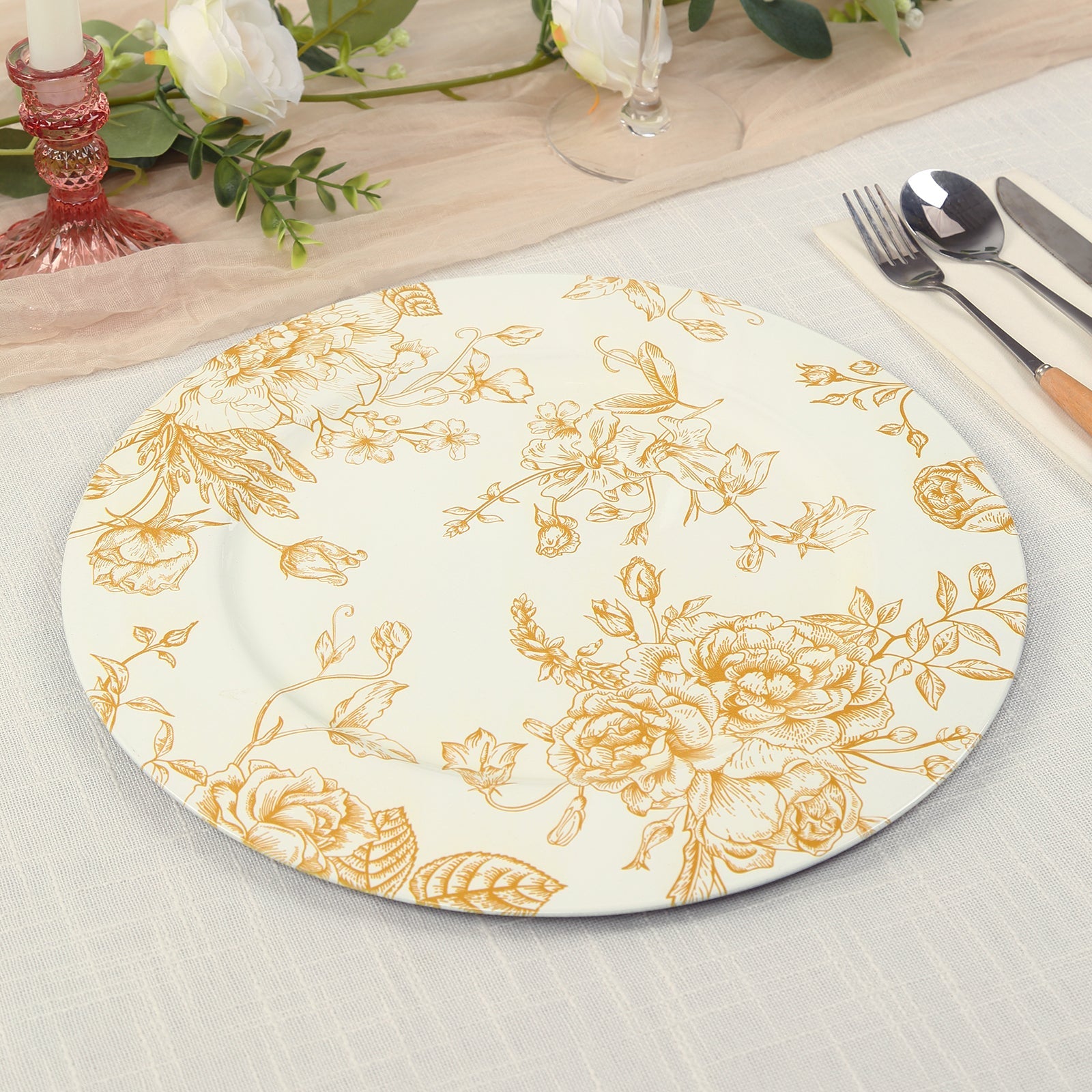 Hot Sale! 6-Pack 13-Inch White Acrylic Round Charger Plates with Gold Floral French Toile Pattern