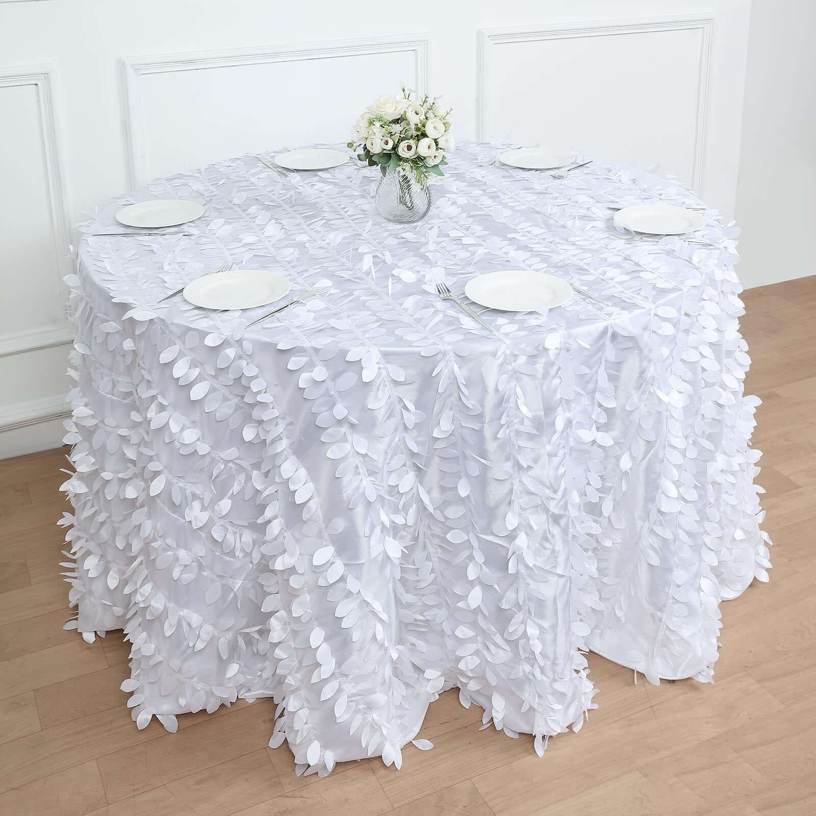 Premium White Taffeta 120 Round Tablecloth with 3D Leaf Petal Design for Weddings & Events