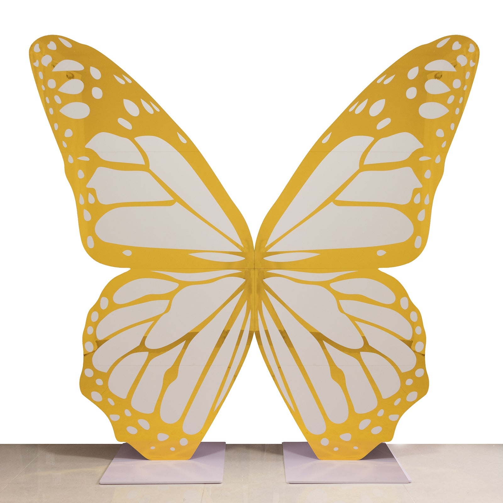 6.5ft Free-Standing Glossy White Gold Monarch Butterfly Wings Backdrop for Party
