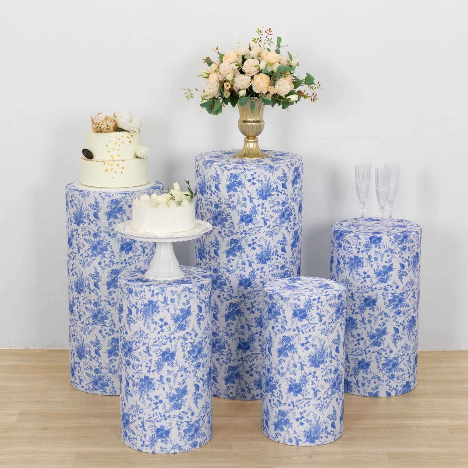 5-Piece Set of Stretchable White and Blue French Toile Floral Spandex Cylinder Pedestal Stand Covers, 160 GSM