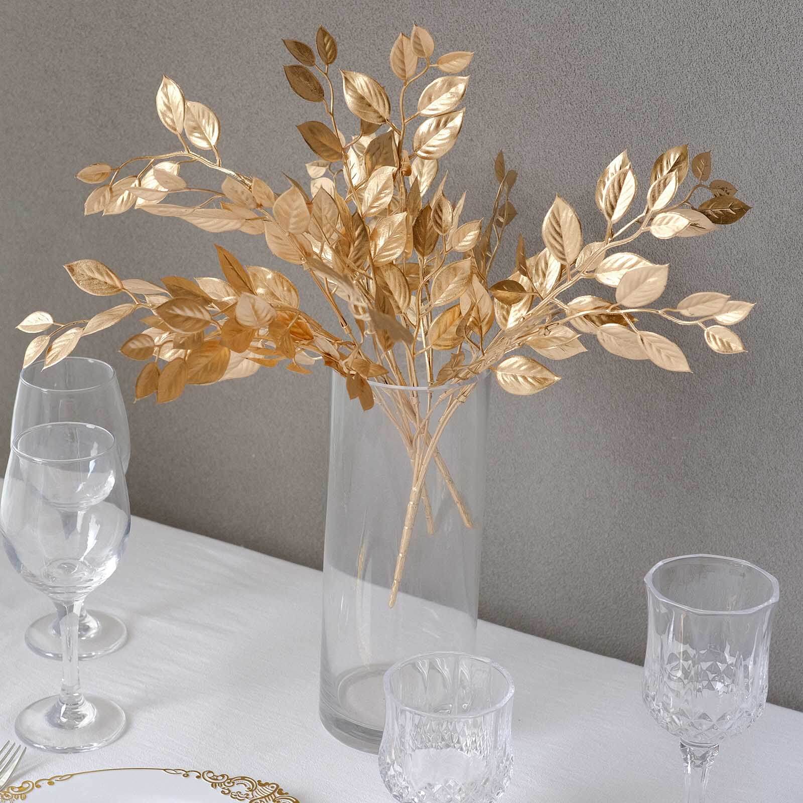 4-Piece Metallic Gold Artificial Italian Ruscus Leaf Branches for Stunning Tablescapes and Floral Decor