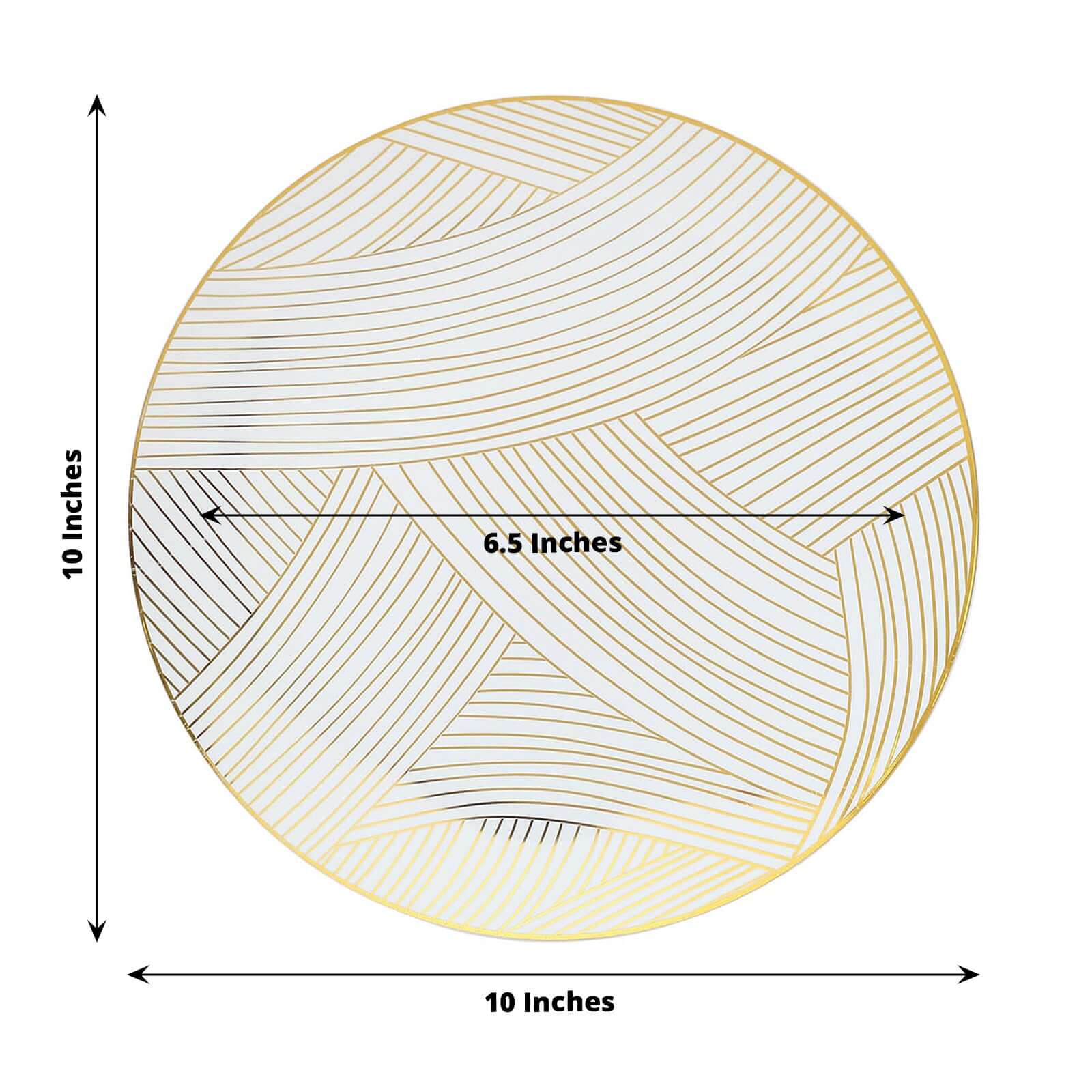 10-Piece Set of Disposable White Plastic Dinner Plates with Gold Wave Patterns