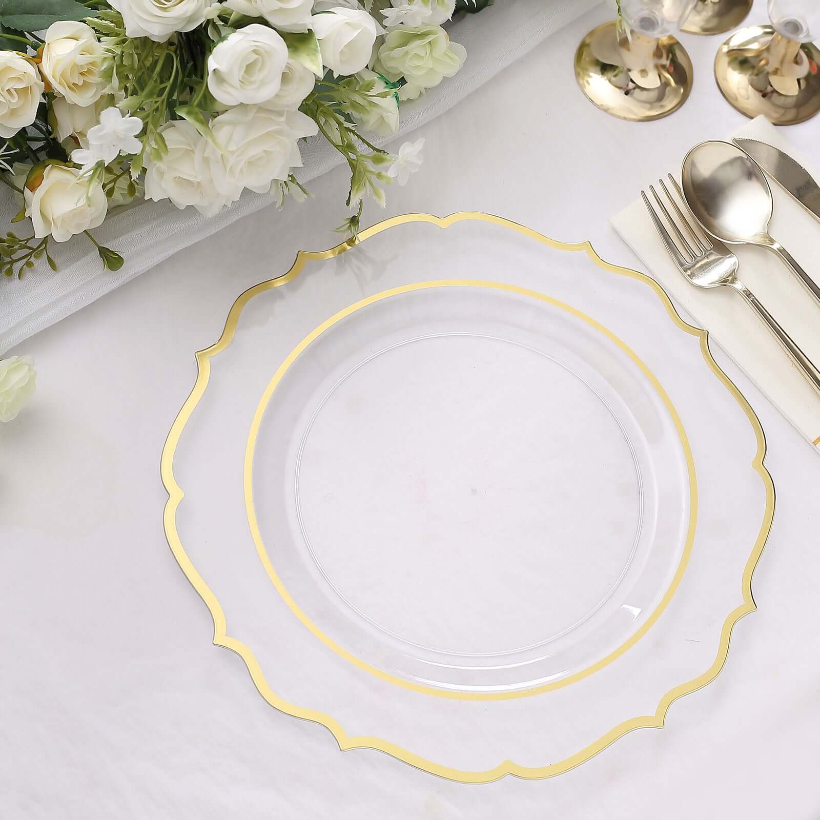 10-Piece Set of Clear Plastic Round Dinner Plates with Gold Scalloped Rims - Disposable for Parties