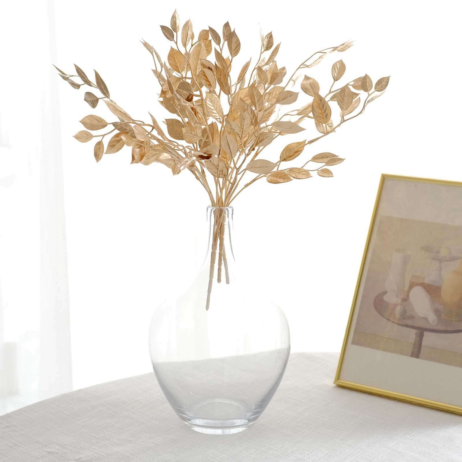 4-Piece Metallic Gold Artificial Italian Ruscus Leaf Branches for Stunning Tablescapes and Floral Decor
