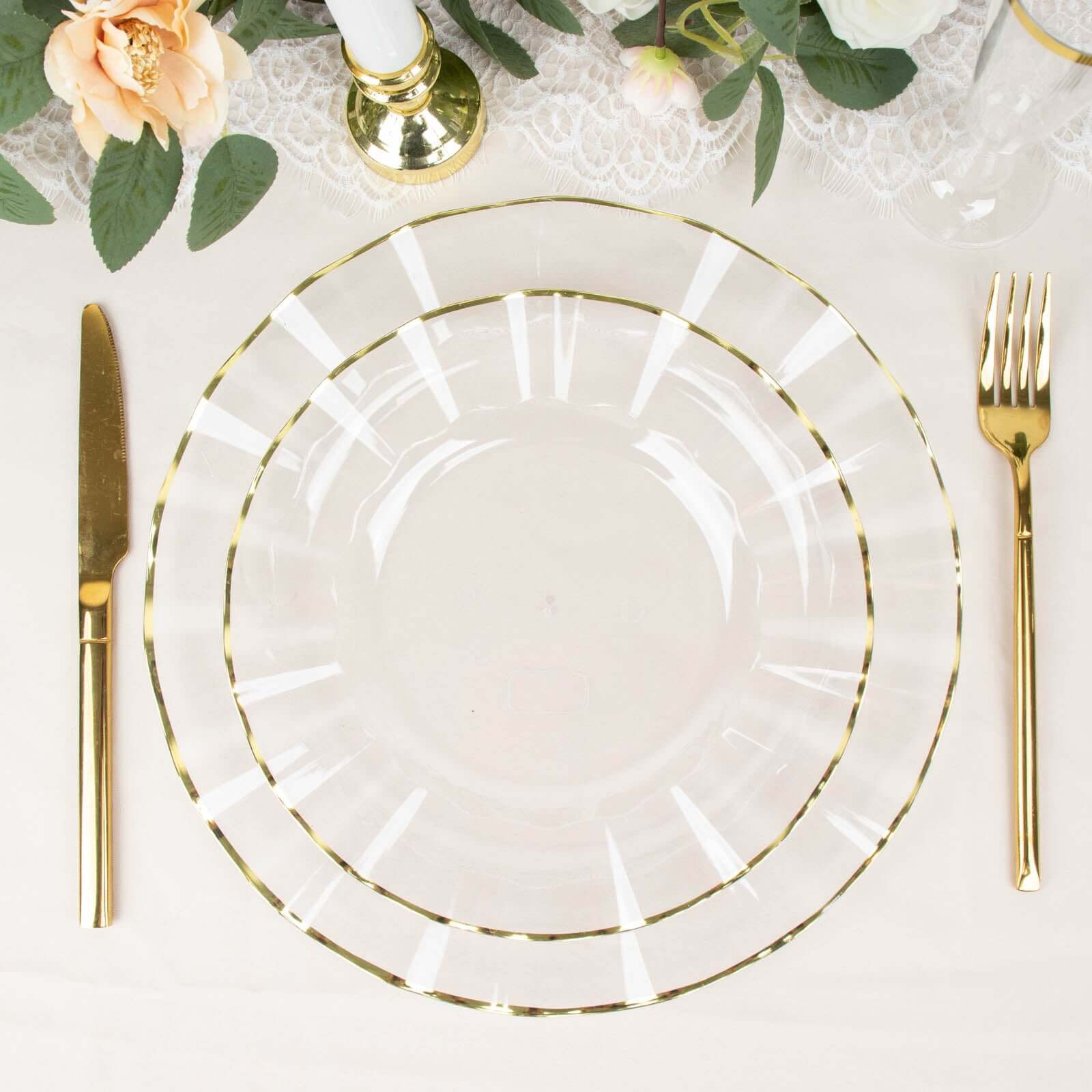 10-Piece Set of Sturdy Disposable Plastic Round Dinner Plates with Clear Ruffled Rim and Gold Edging