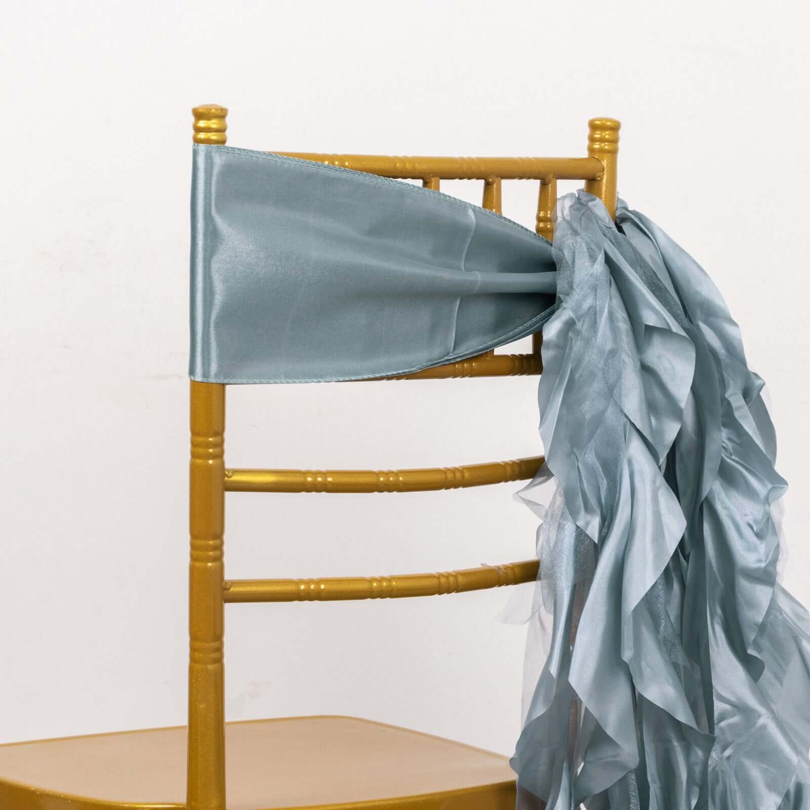 5-Pack Dusty Blue Chiffon Satin Chair Sashes - Easy Install, Curly Willow Style