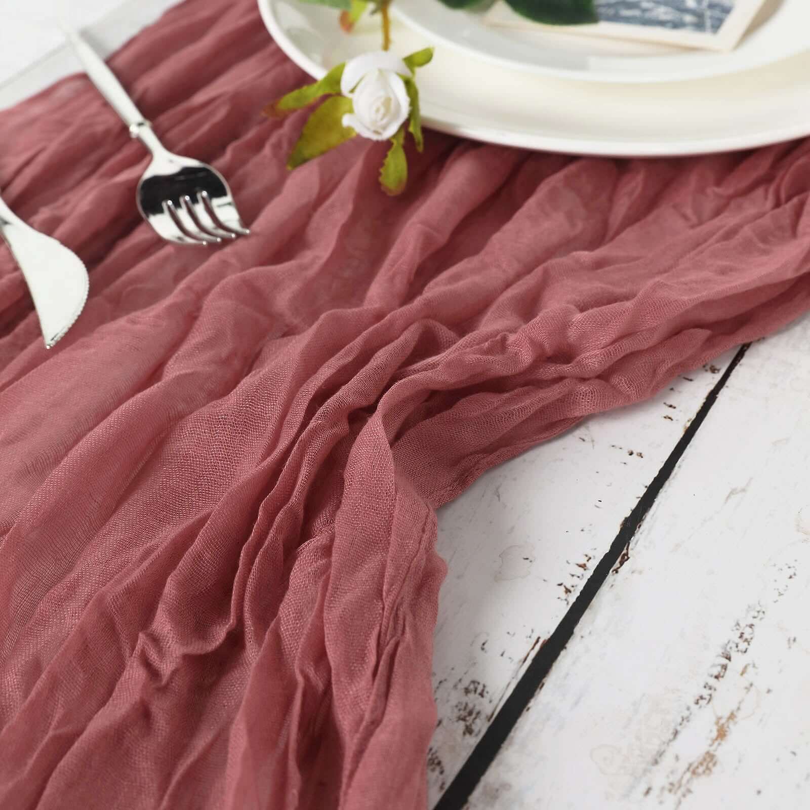10ft Rustic Boho Style Gauze Cheesecloth Table Runner in Mauve & Cinnamon Rose