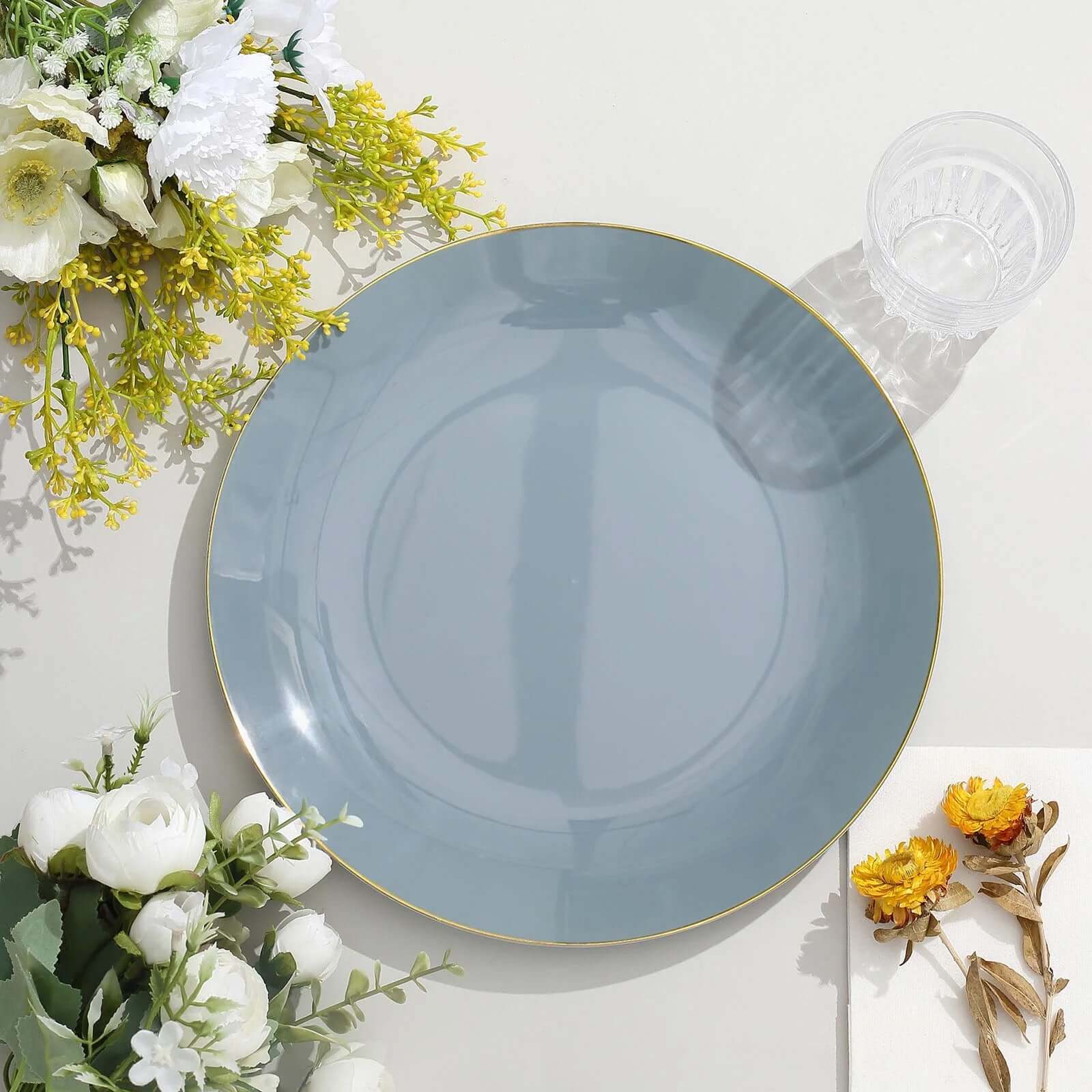 10-Piece Set of Disposable Round Dinner Plates in Dusty Blue with Gold Rim