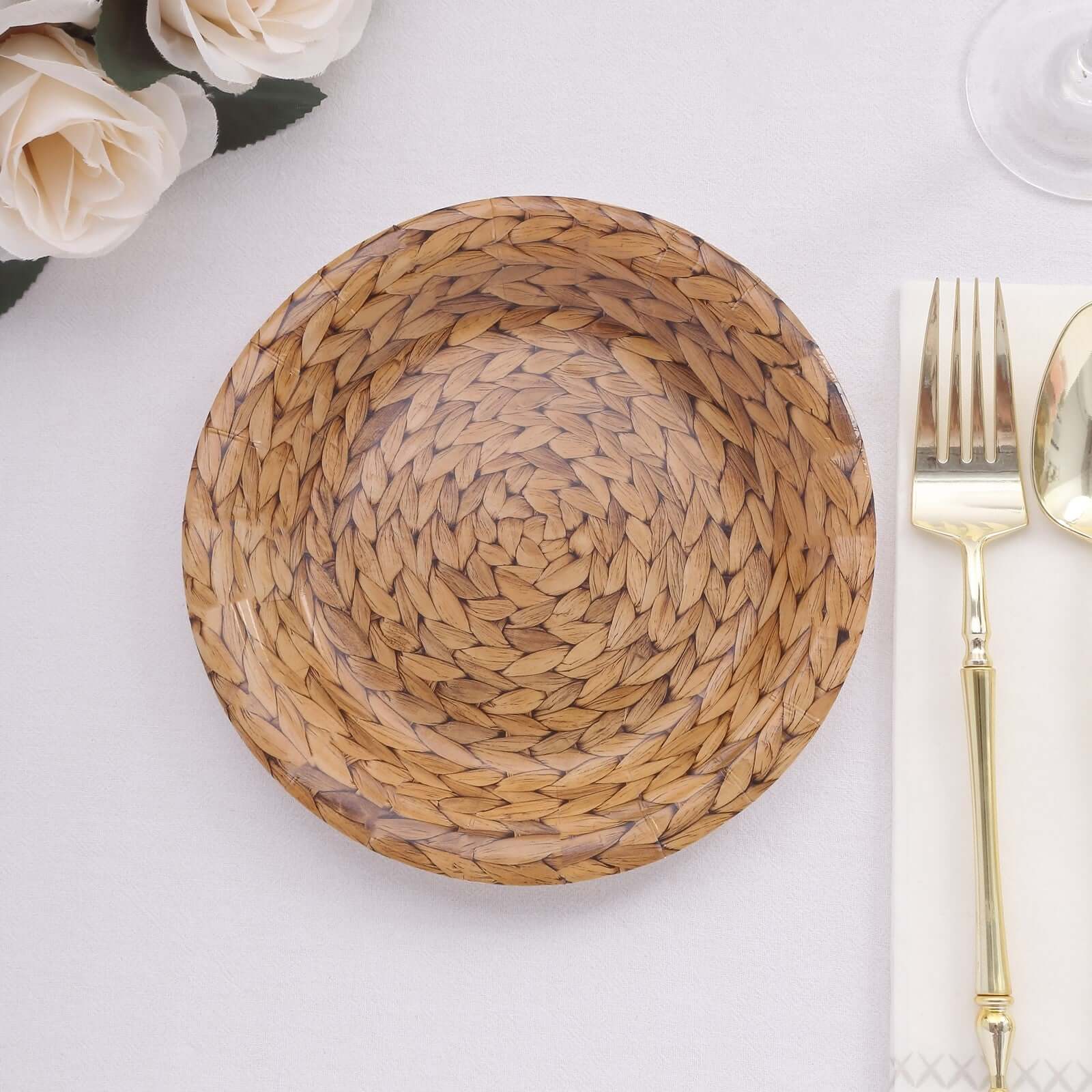 25-Pack 7" Natural Round Paper Dessert Plates with Woven Rattan Print - Premium Disposable Plates for Indoor/Outdoor Events